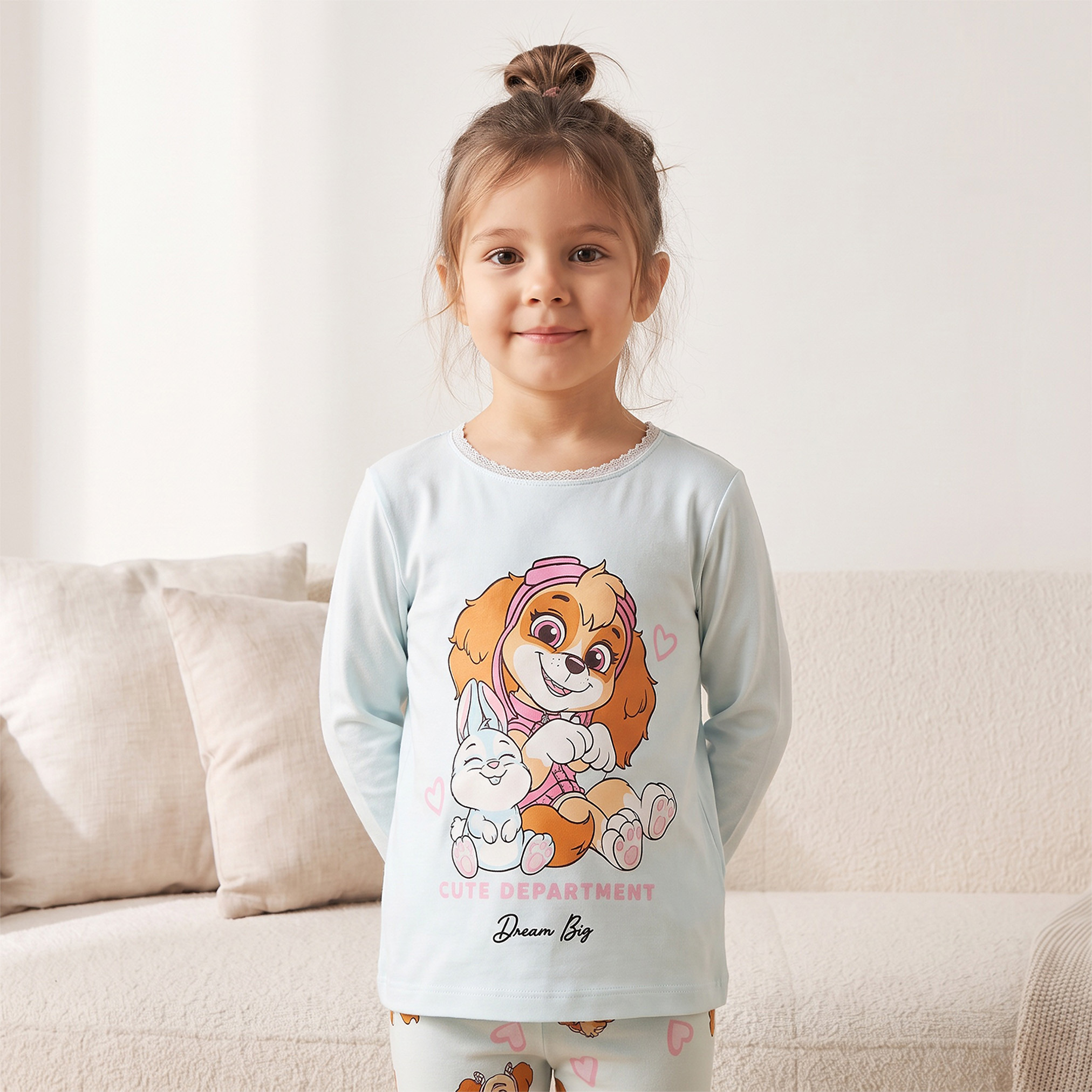 طقم بيجاما قطني بياقة مستديرة وأكمام طويلة بطبعة سكاي-girls-clothing-nightwear-image-2