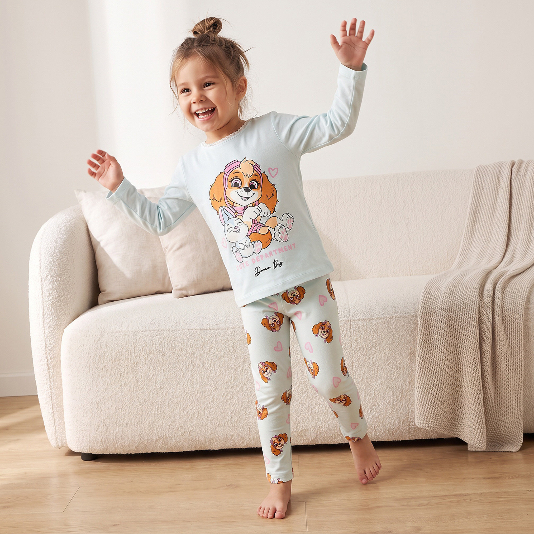 طقم بيجاما قطني بياقة مستديرة وأكمام طويلة بطبعة سكاي-girls-clothing-nightwear-image-7