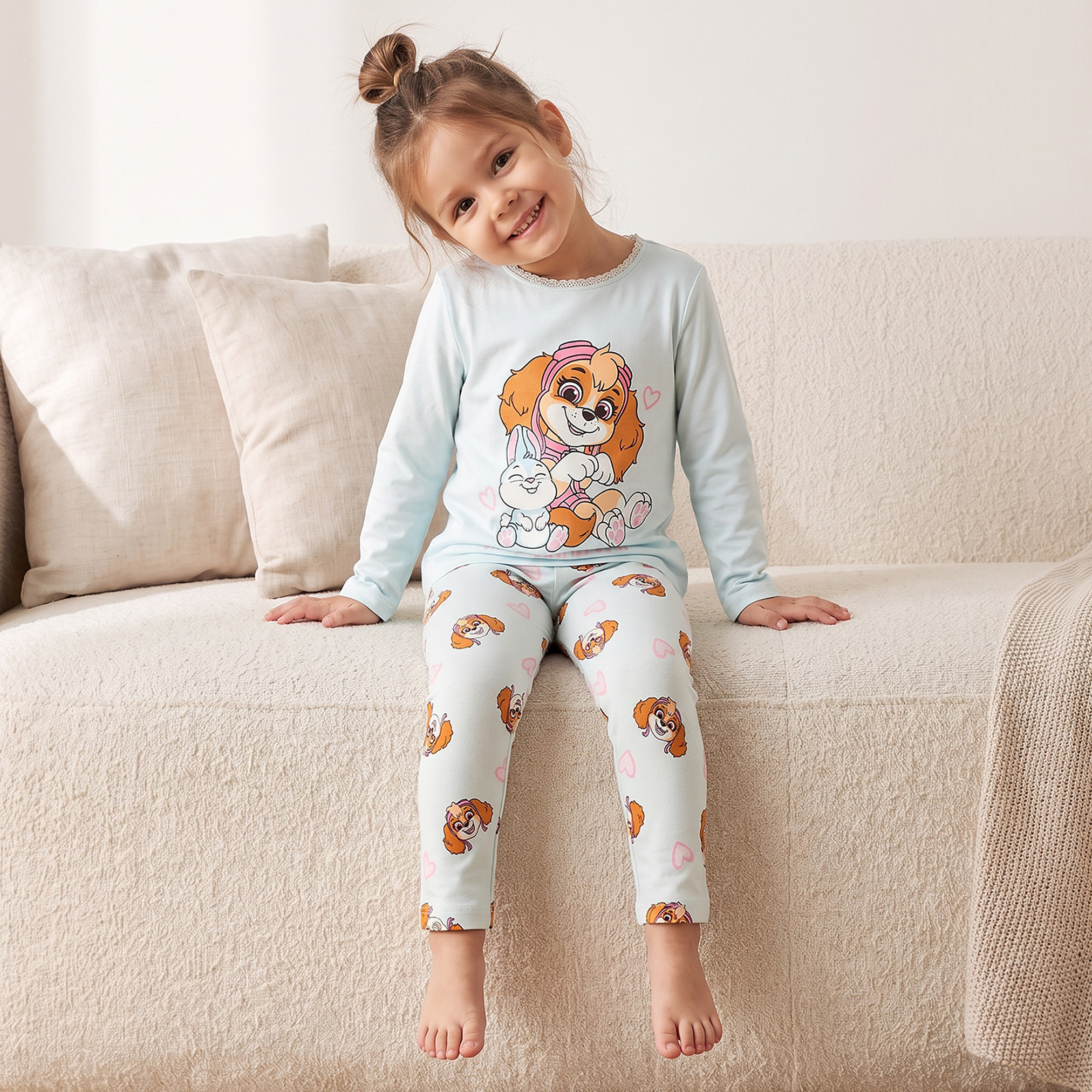 طقم بيجاما قطني بياقة مستديرة وأكمام طويلة بطبعة سكاي-girls-clothing-nightwear-image-8