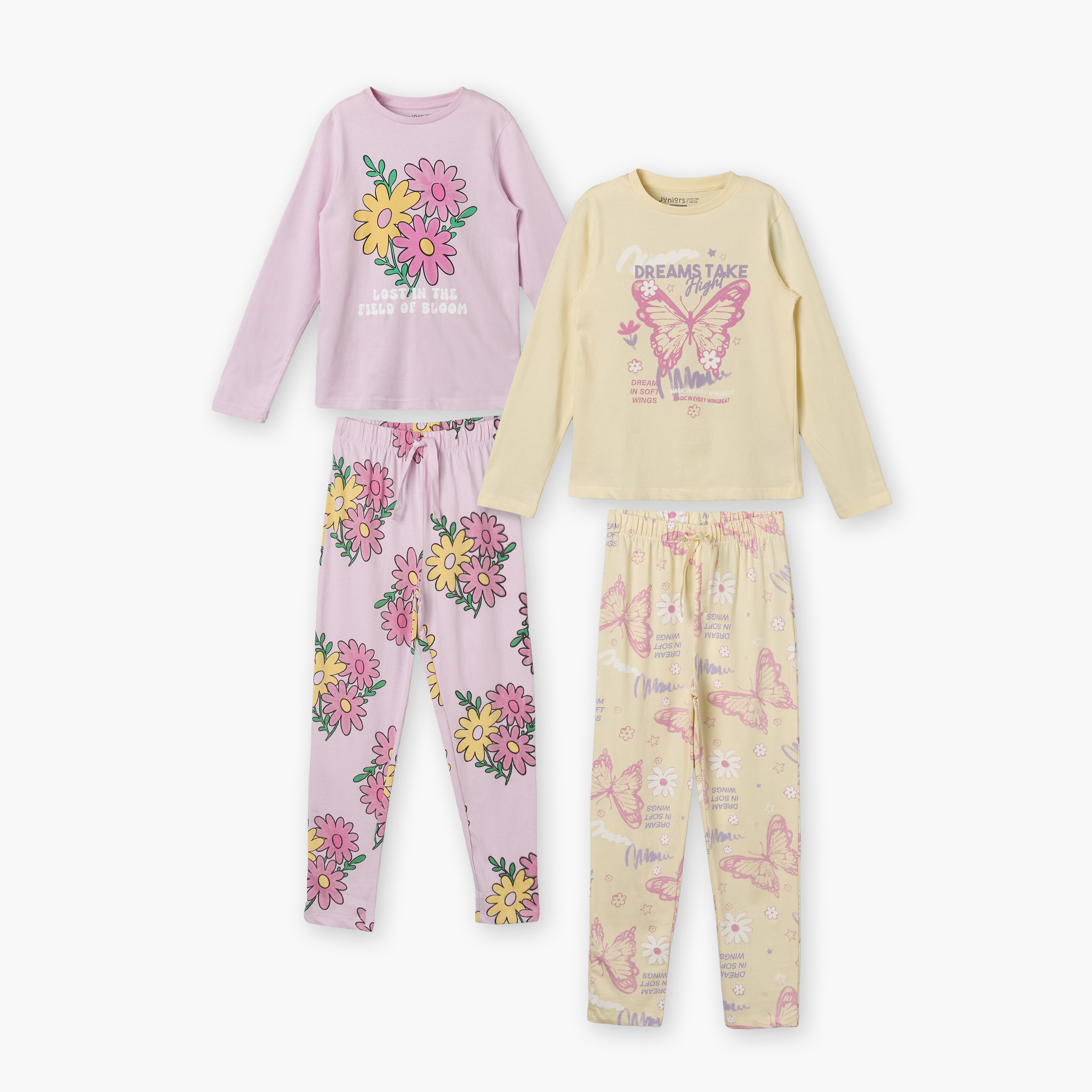 Pack of 2 Juniors Cotton Round Neck Long Sleeve Pyjama Set with Print-girls-clothing-nightwear-image-1