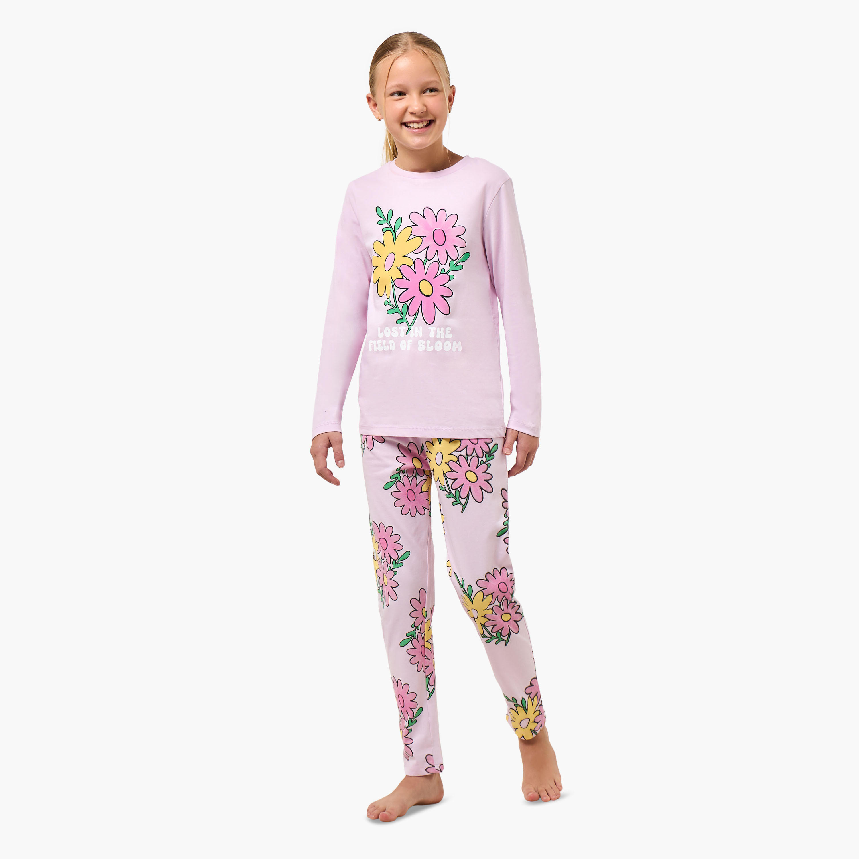 Pack of 2 Juniors Cotton Round Neck Long Sleeve Pyjama Set with Print-girls-clothing-nightwear-image-2