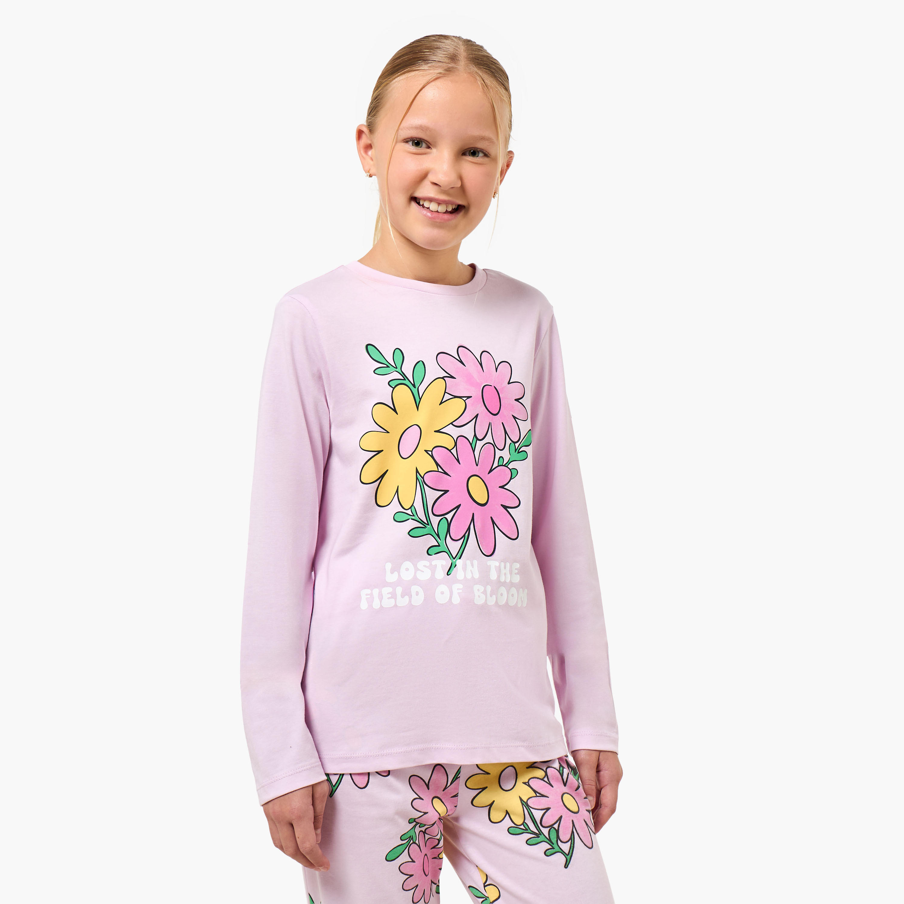 Pack of 2 Juniors Cotton Round Neck Long Sleeve Pyjama Set with Print-girls-clothing-nightwear-image-3