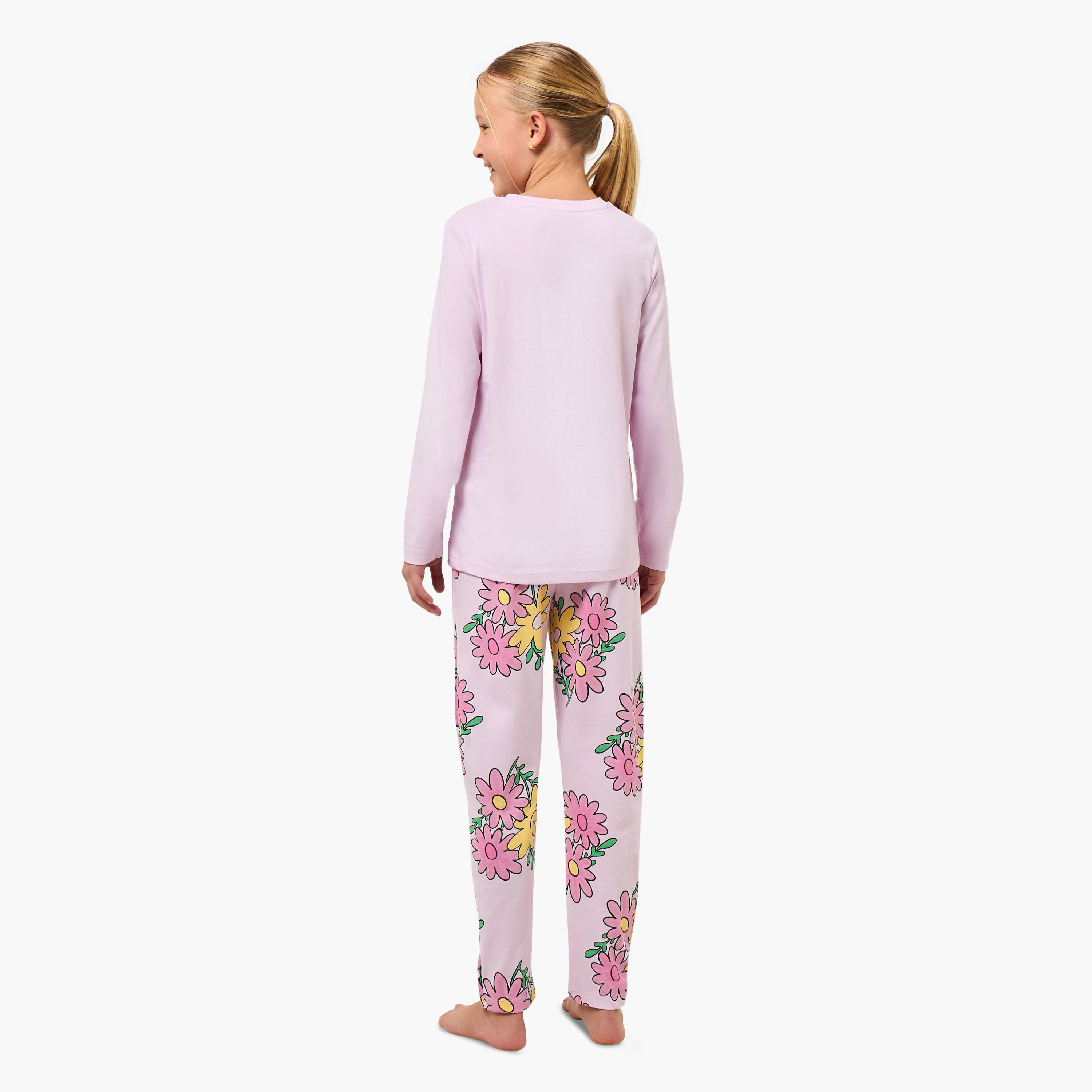Pack of 2 Juniors Cotton Round Neck Long Sleeve Pyjama Set with Print-girls-clothing-nightwear-image-5