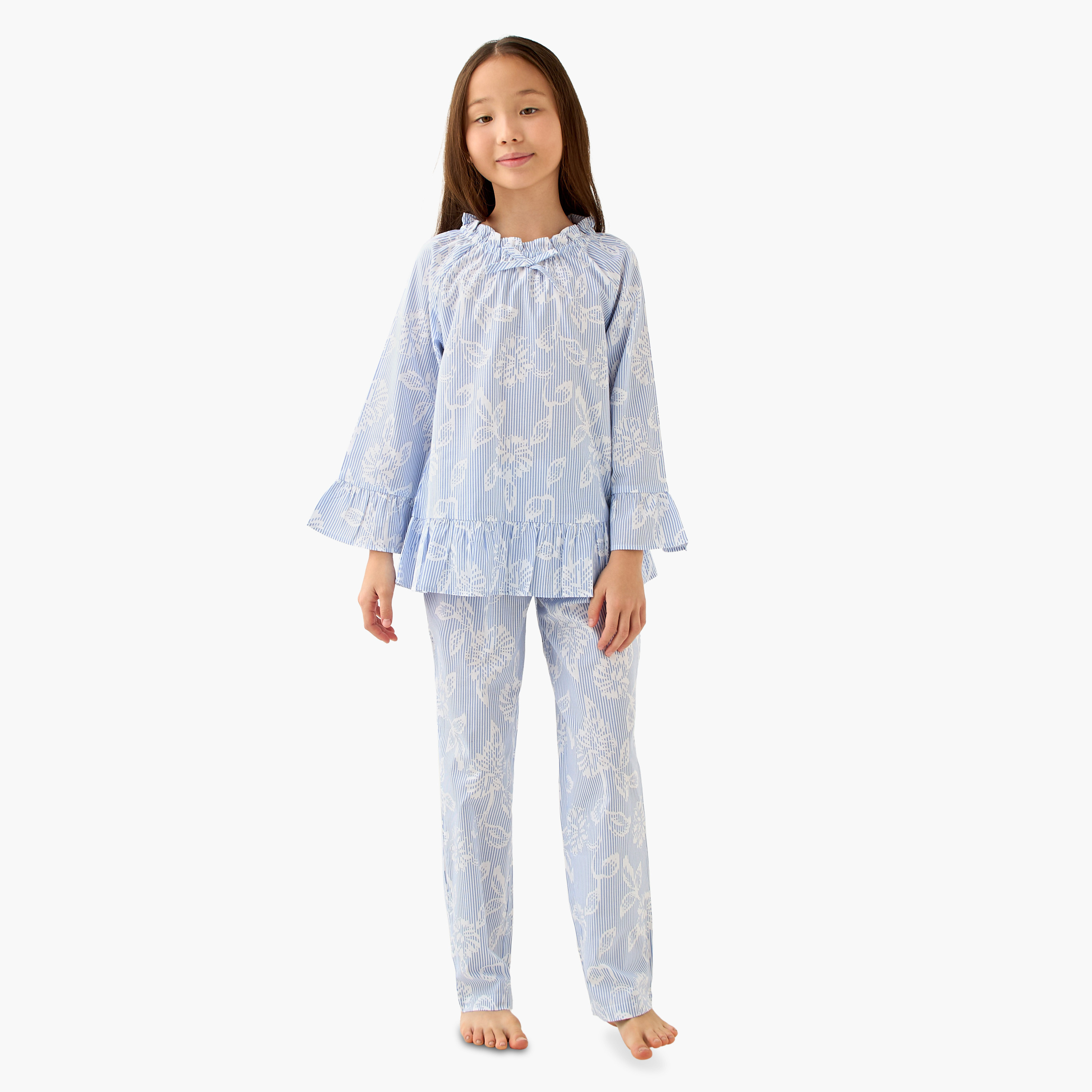 Juniors Cotton Ruffled Neck Long Sleeves Pyjama Set with Floral Print-girls-clothing-nightwear-image-1