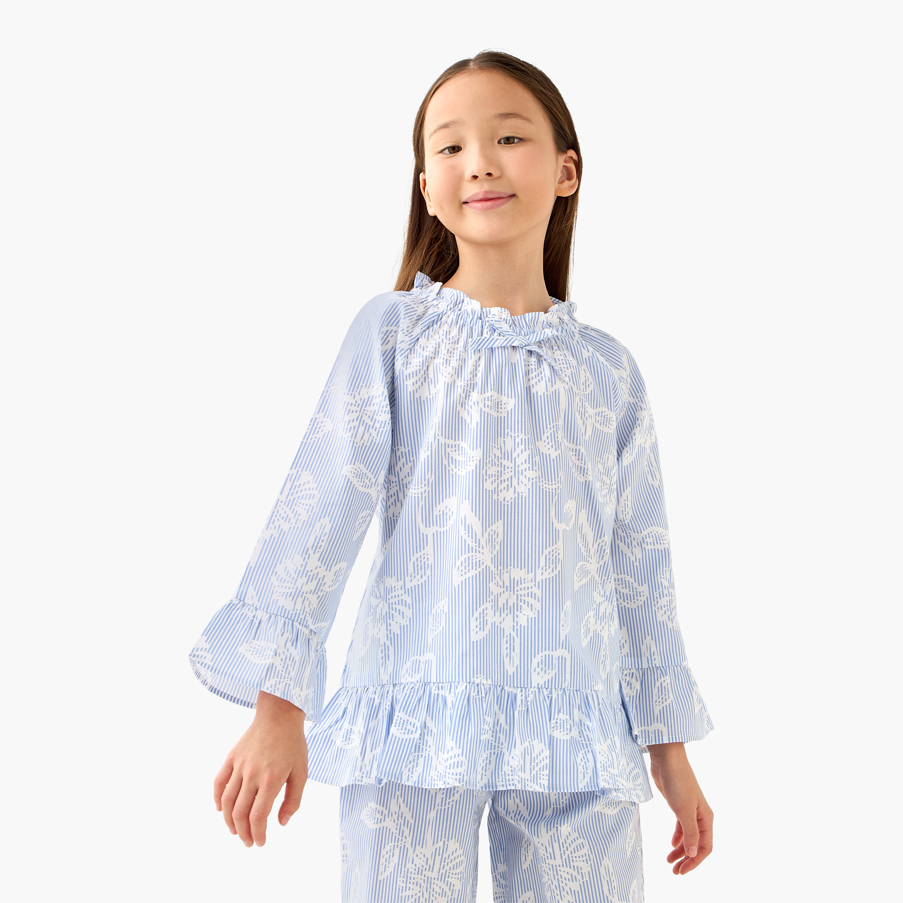 Juniors Cotton Ruffled Neck Long Sleeves Pyjama Set with Floral Print-girls-clothing-nightwear-image-2