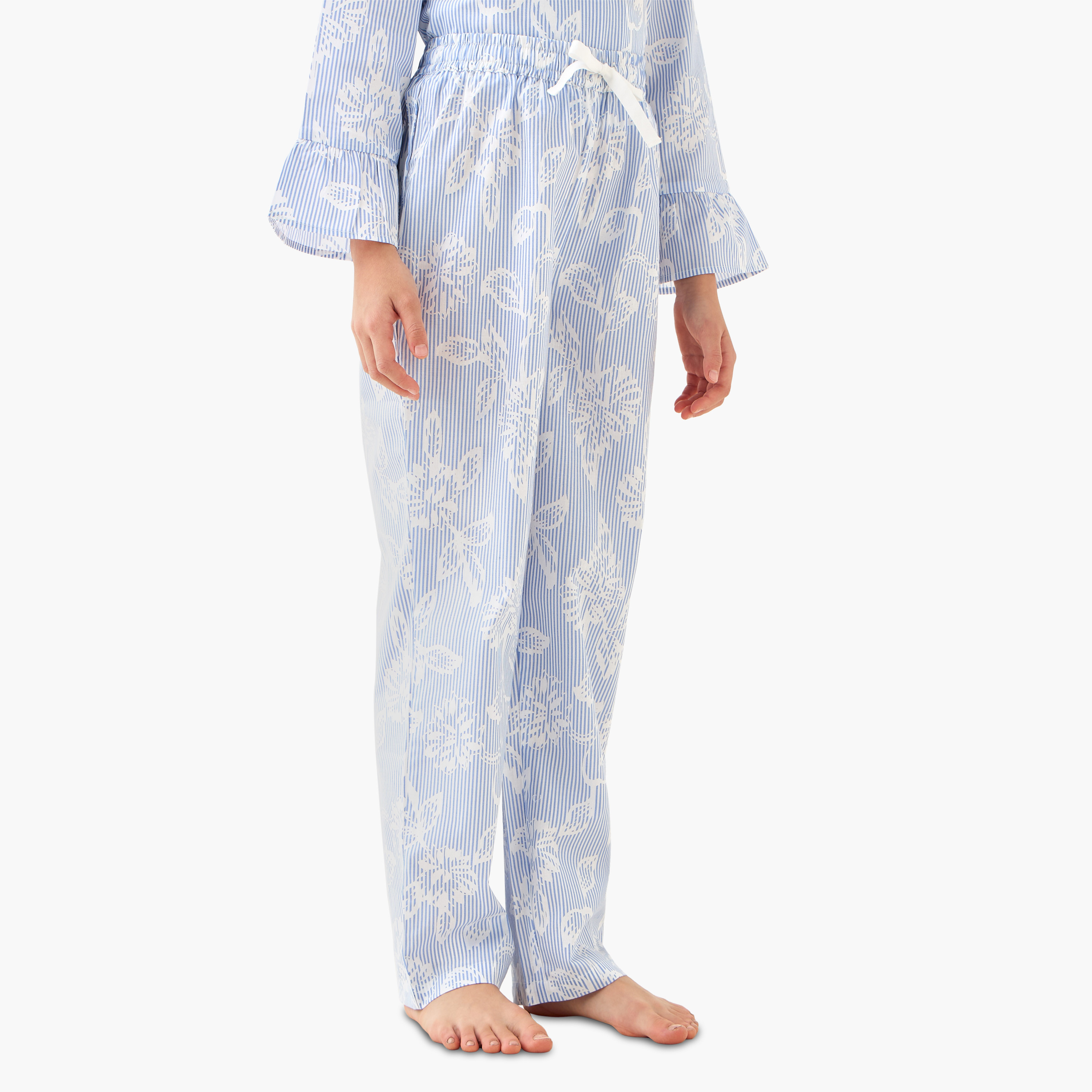 Juniors Cotton Ruffled Neck Long Sleeves Pyjama Set with Floral Print-girls-clothing-nightwear-image-3