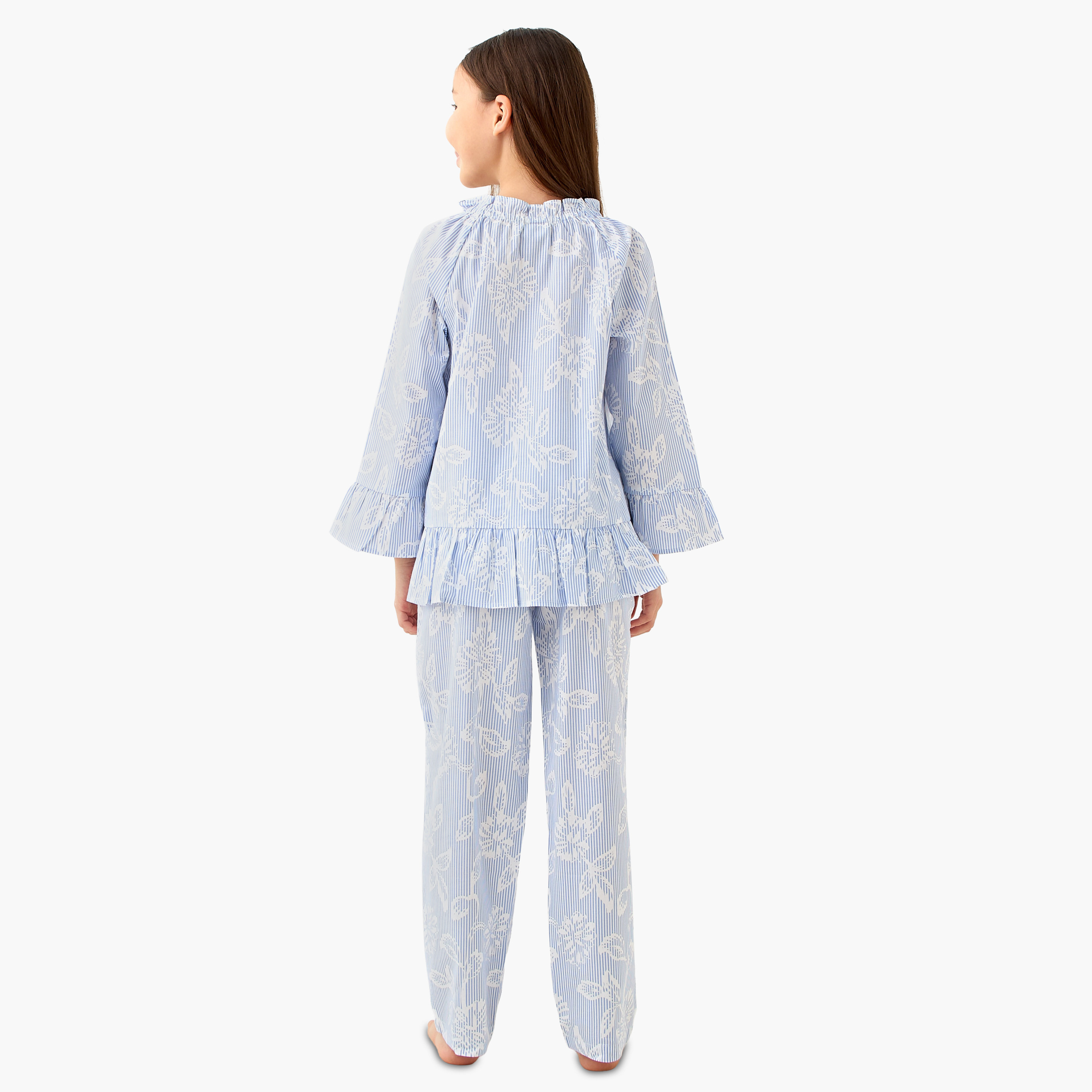 Juniors Cotton Ruffled Neck Long Sleeves Pyjama Set with Floral Print-girls-clothing-nightwear-image-4
