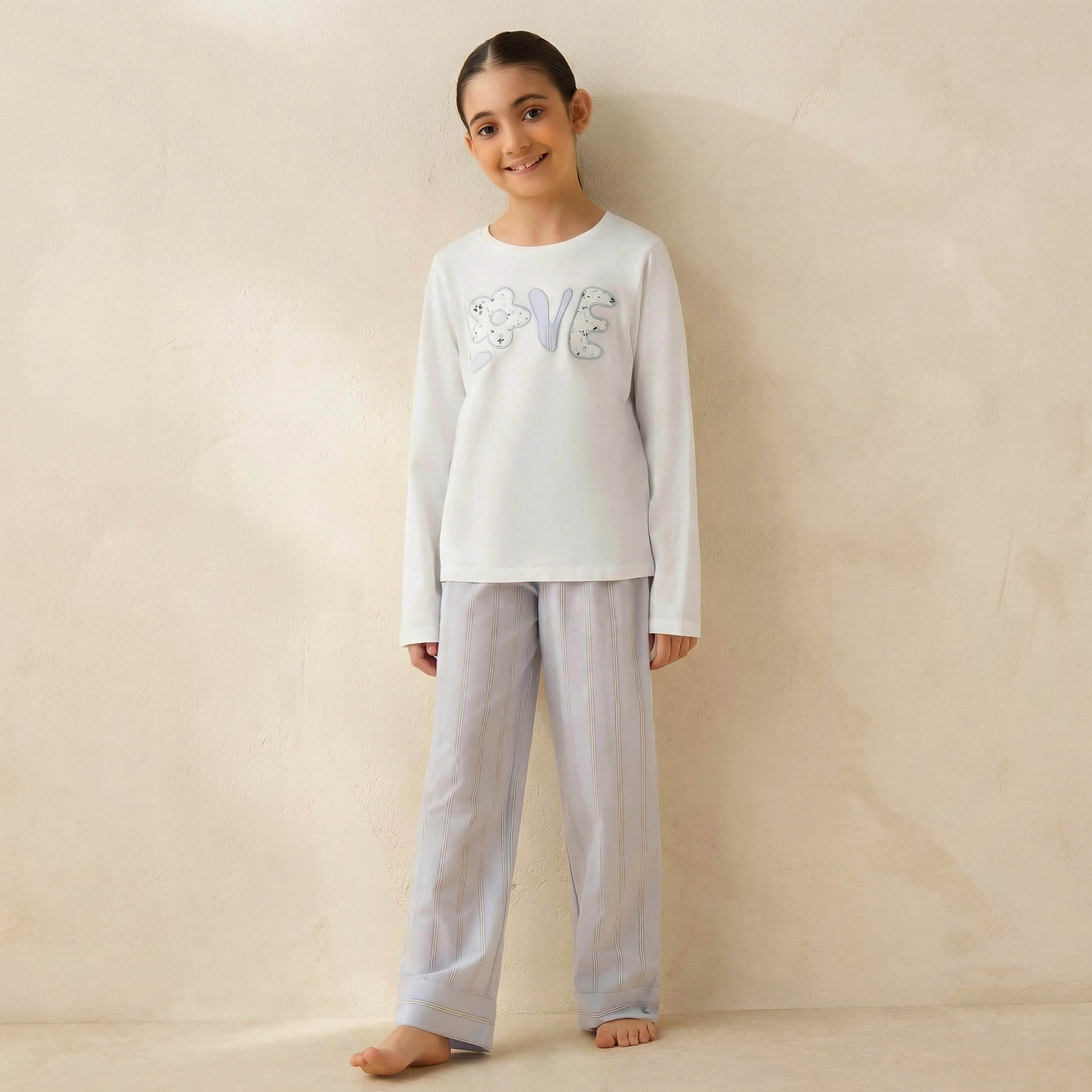 Juniors Cotton Round Neck Long Sleeves Pyjama Set with Applique Detail-girls-clothing-nightwear-image-1