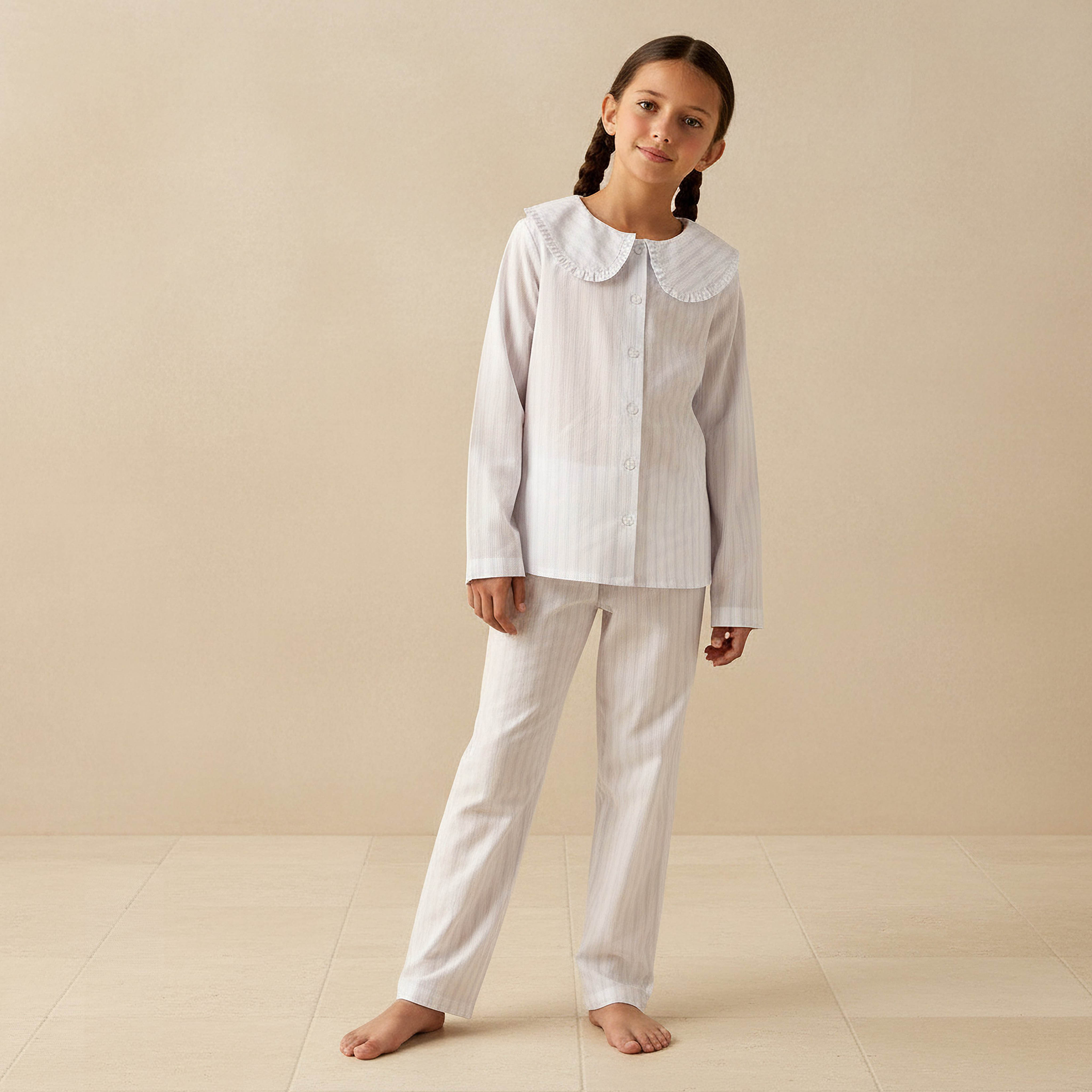 Juniors Cotton Peter Pan Collar Long Sleeves Pyjama Set with Stripes-girls-clothing-nightwear-image-1