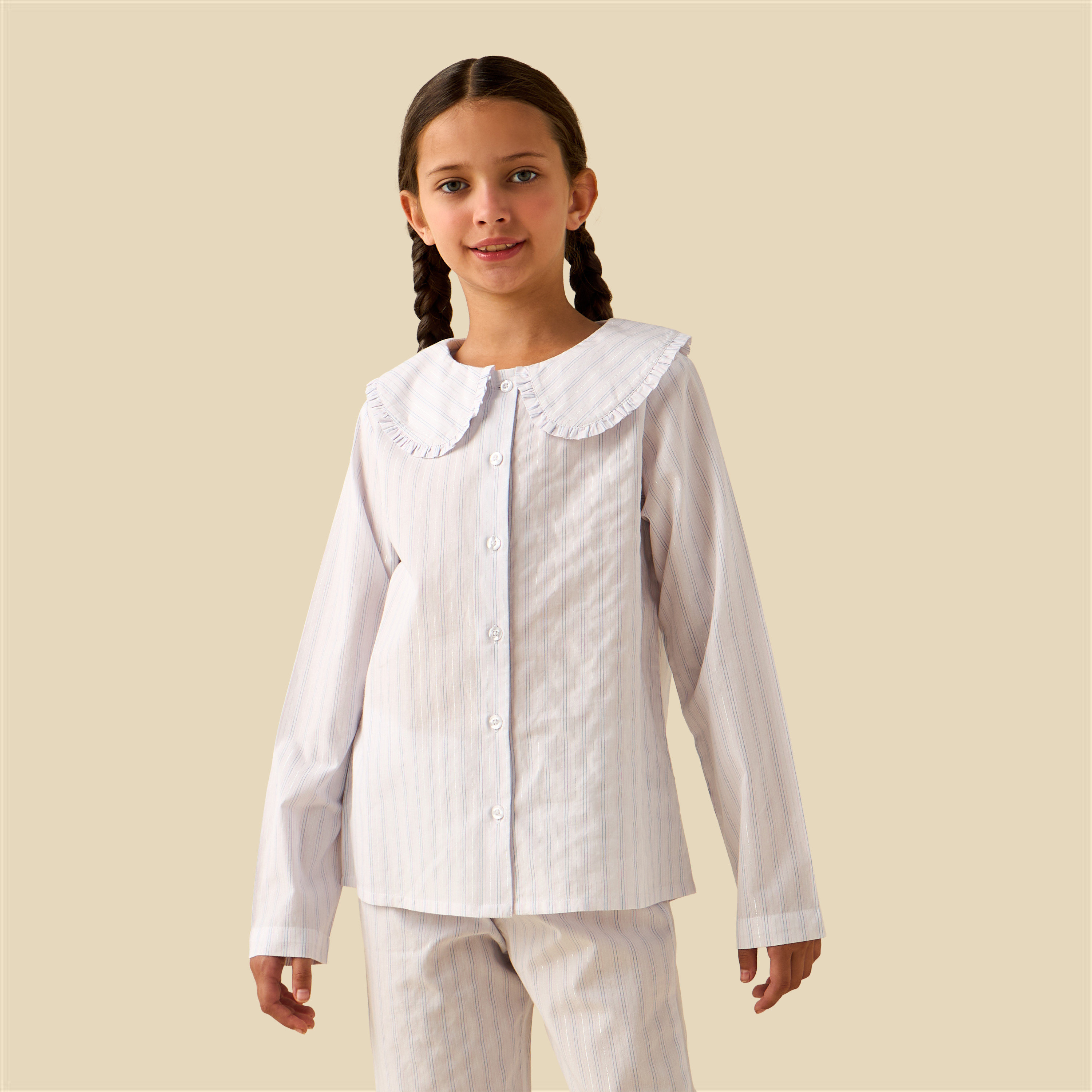Juniors Cotton Peter Pan Collar Long Sleeves Pyjama Set with Stripes-girls-clothing-nightwear-image-2