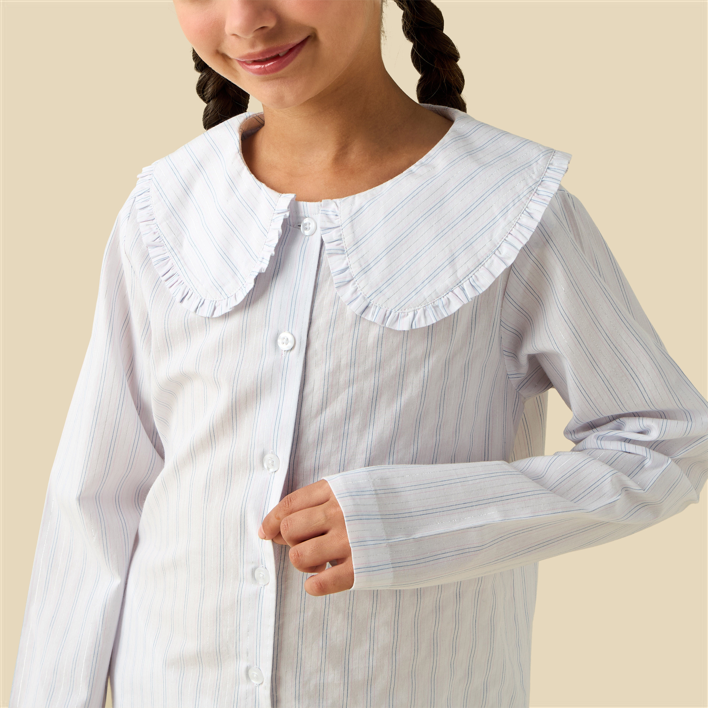 Juniors Cotton Peter Pan Collar Long Sleeves Pyjama Set with Stripes-girls-clothing-nightwear-image-4