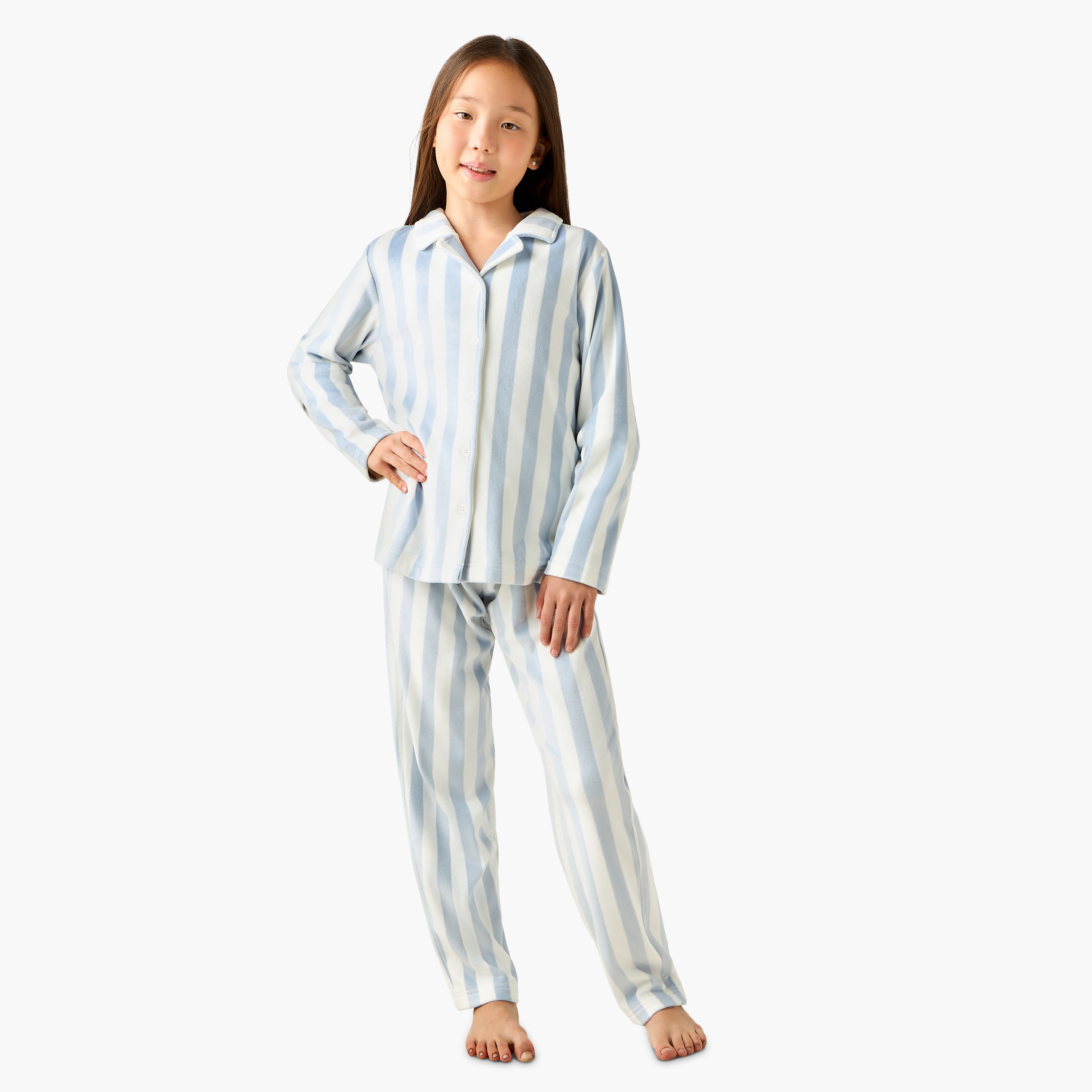 Juniors Cotton Collared Neck Long Sleeve Pyjama Set with Stripes-girls-clothing-nightwear-image-1