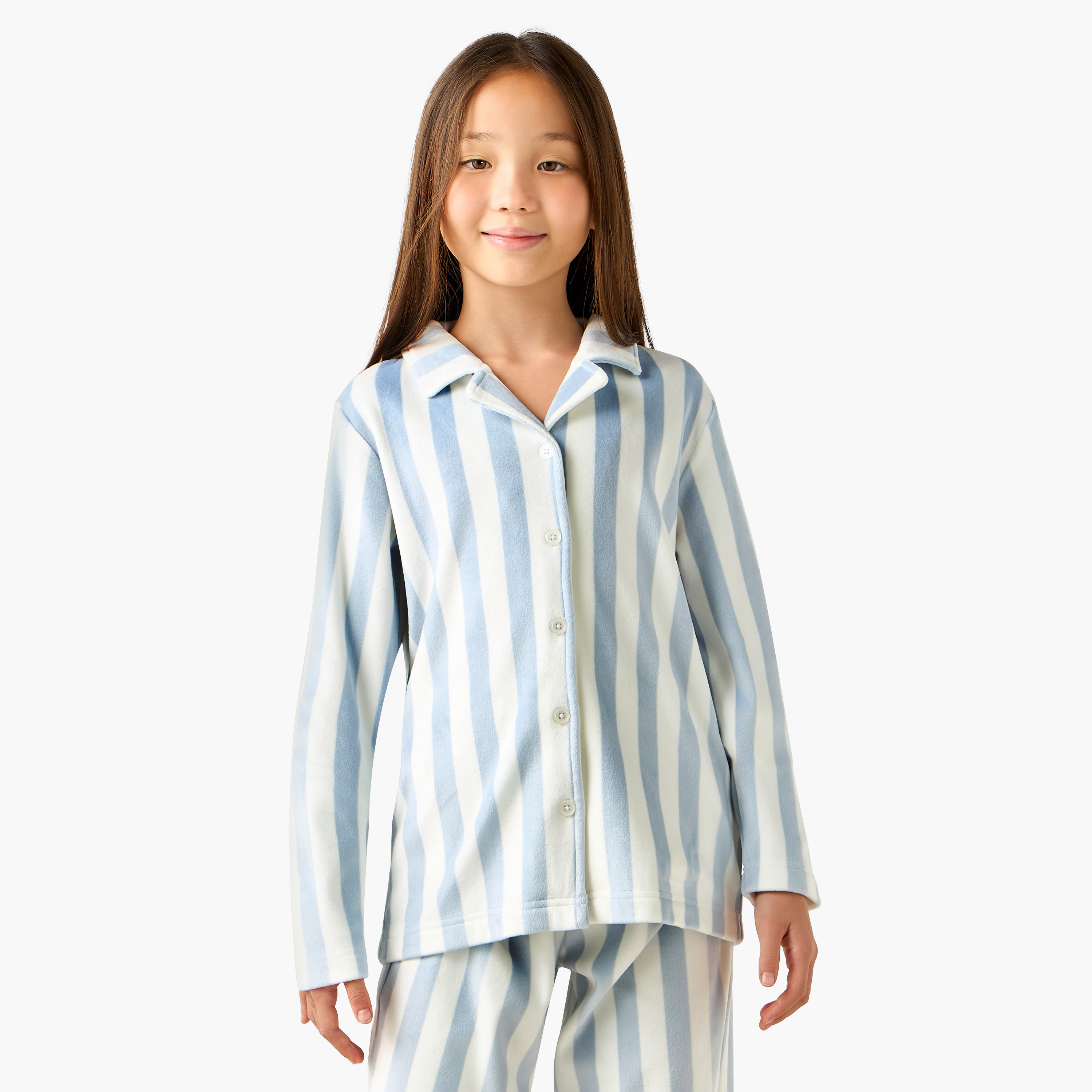 Juniors Cotton Collared Neck Long Sleeve Pyjama Set with Stripes-girls-clothing-nightwear-image-2
