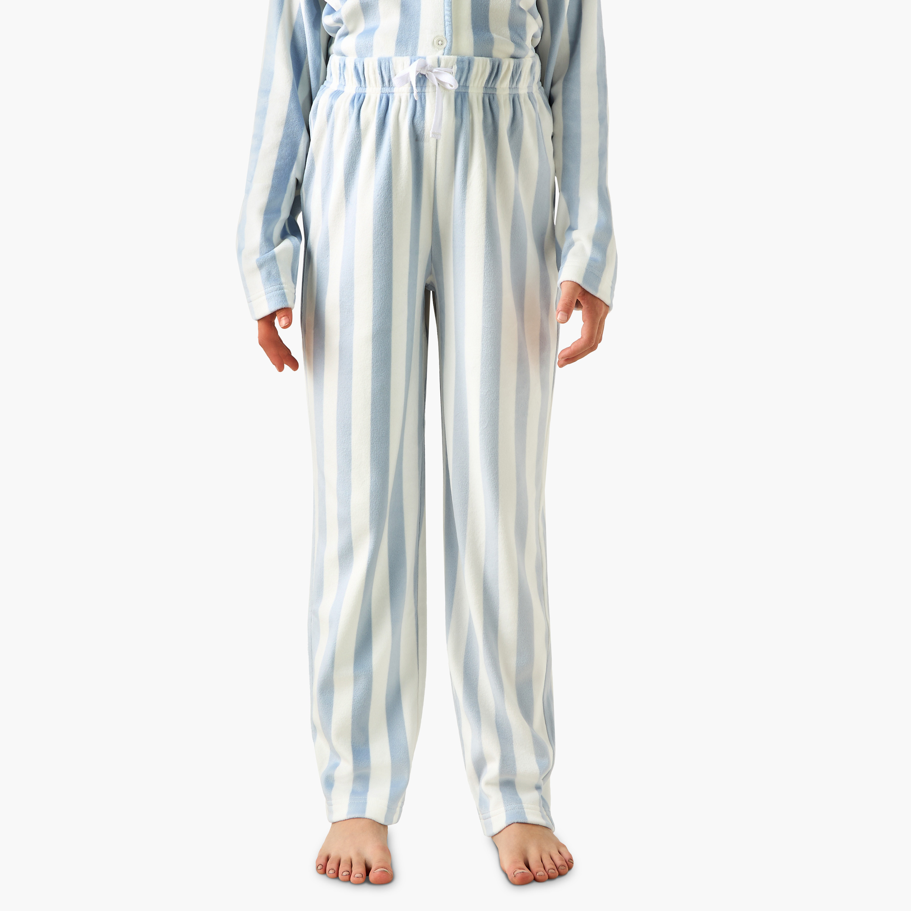 Juniors Cotton Collared Neck Long Sleeve Pyjama Set with Stripes-girls-clothing-nightwear-image-3