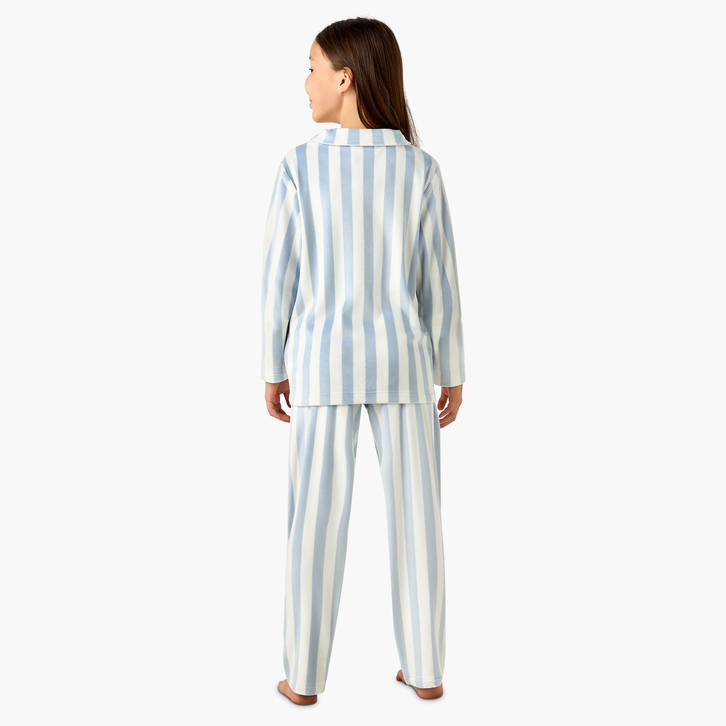 Juniors Cotton Collared Neck Long Sleeve Pyjama Set with Stripes-girls-clothing-nightwear-image-4