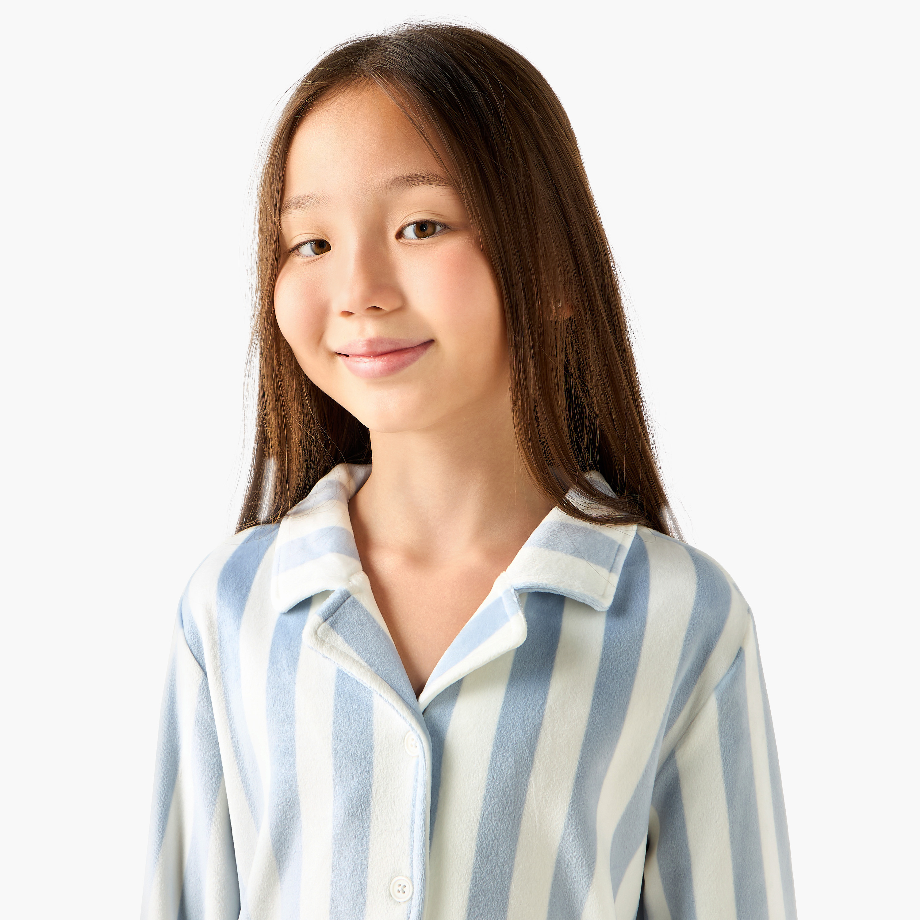 Juniors Cotton Collared Neck Long Sleeve Pyjama Set with Stripes-girls-clothing-nightwear-image-5