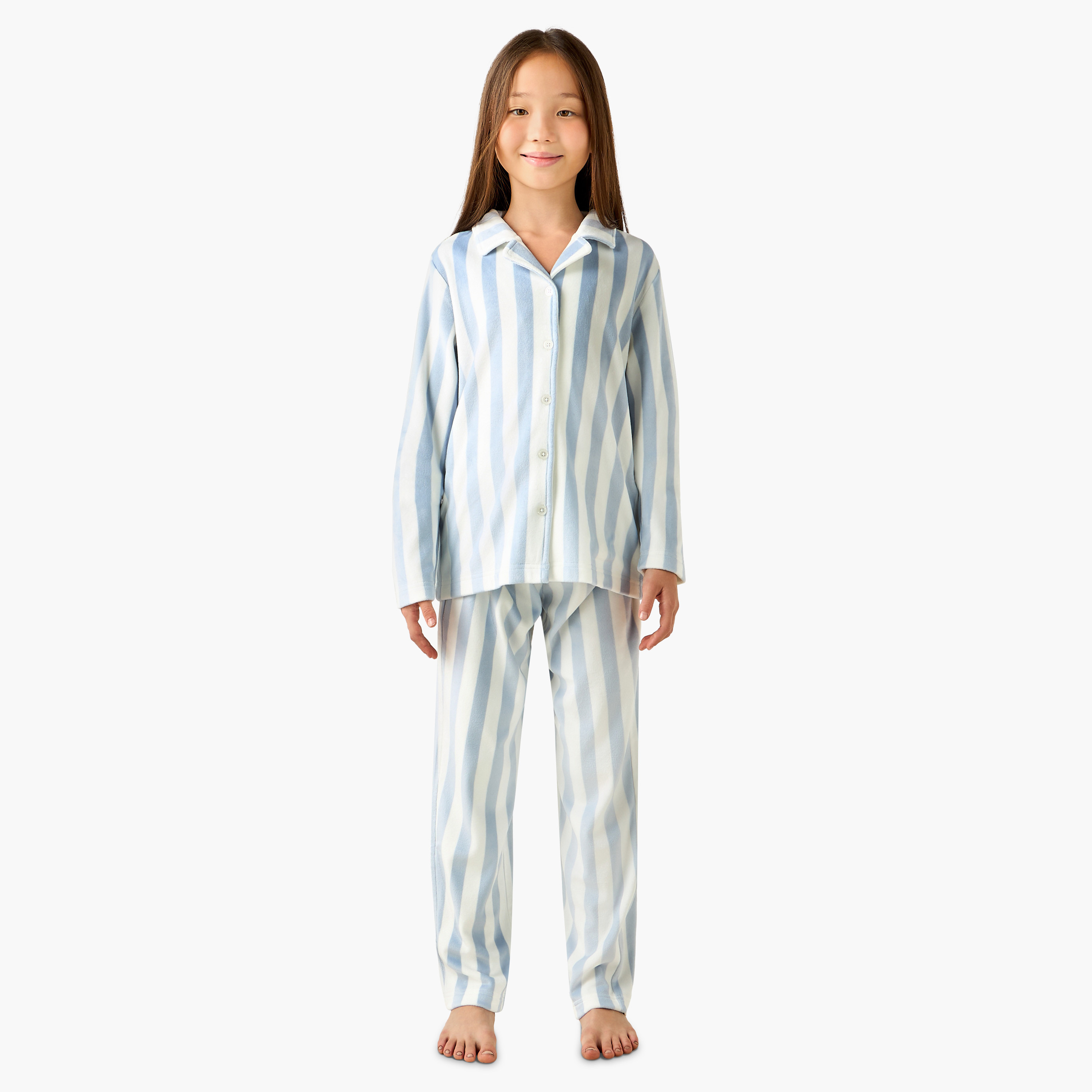 Juniors Cotton Collared Neck Long Sleeve Pyjama Set with Stripes-girls-clothing-nightwear-image-7