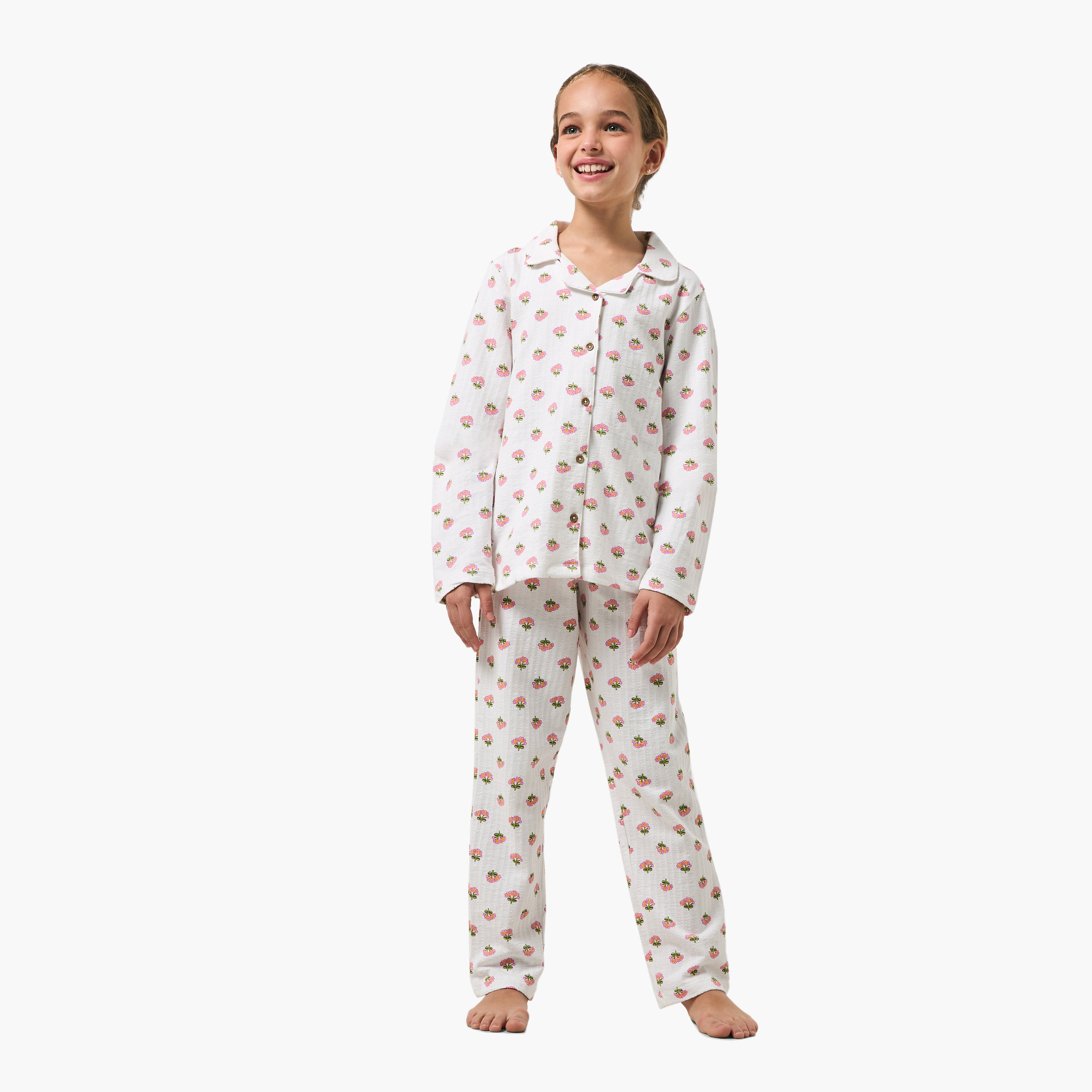 Juniors Cotton Collared Long Sleeves Pyjama Set with Floral Print-girls-clothing-nightwear-image-1