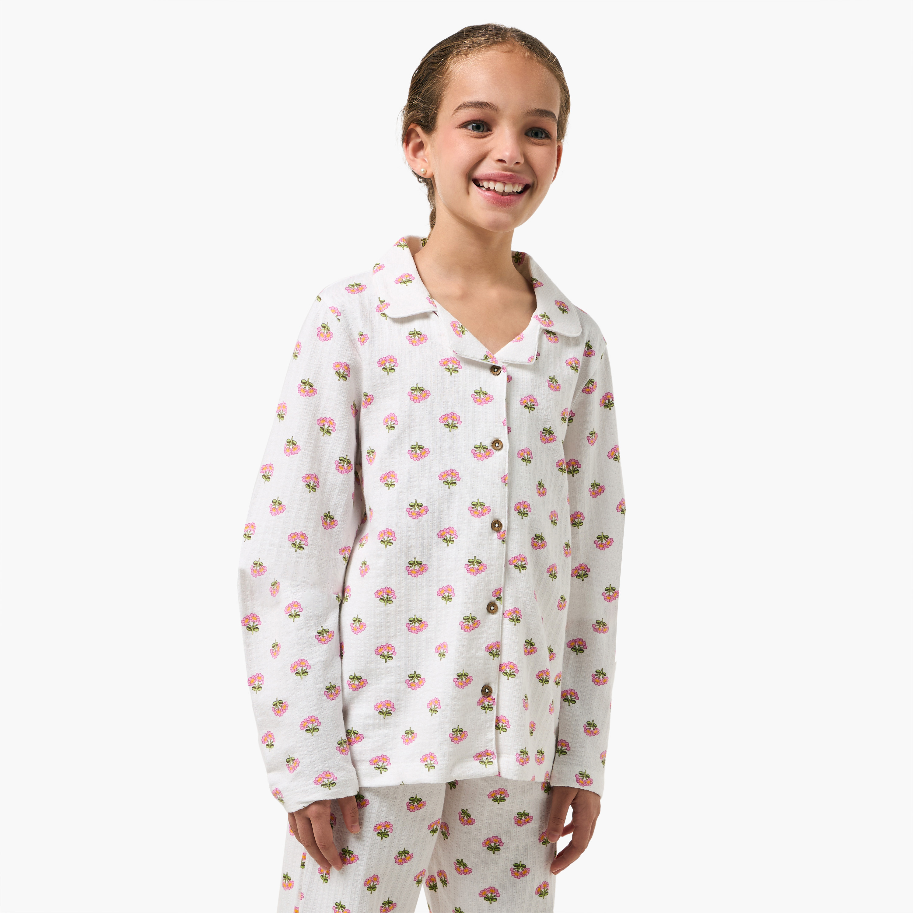 Juniors Cotton Collared Long Sleeves Pyjama Set with Floral Print-girls-clothing-nightwear-image-2