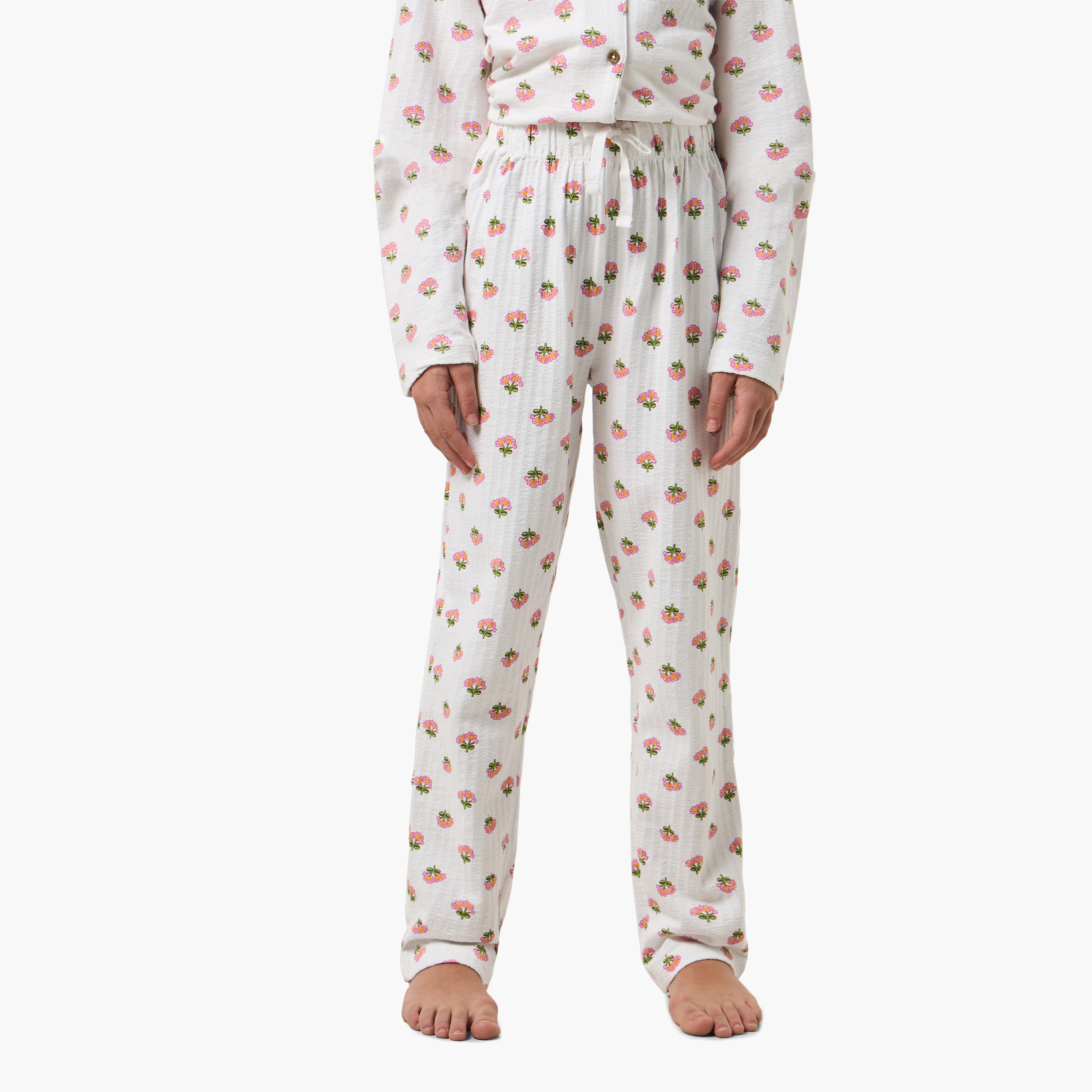 Juniors Cotton Collared Long Sleeves Pyjama Set with Floral Print-girls-clothing-nightwear-image-3