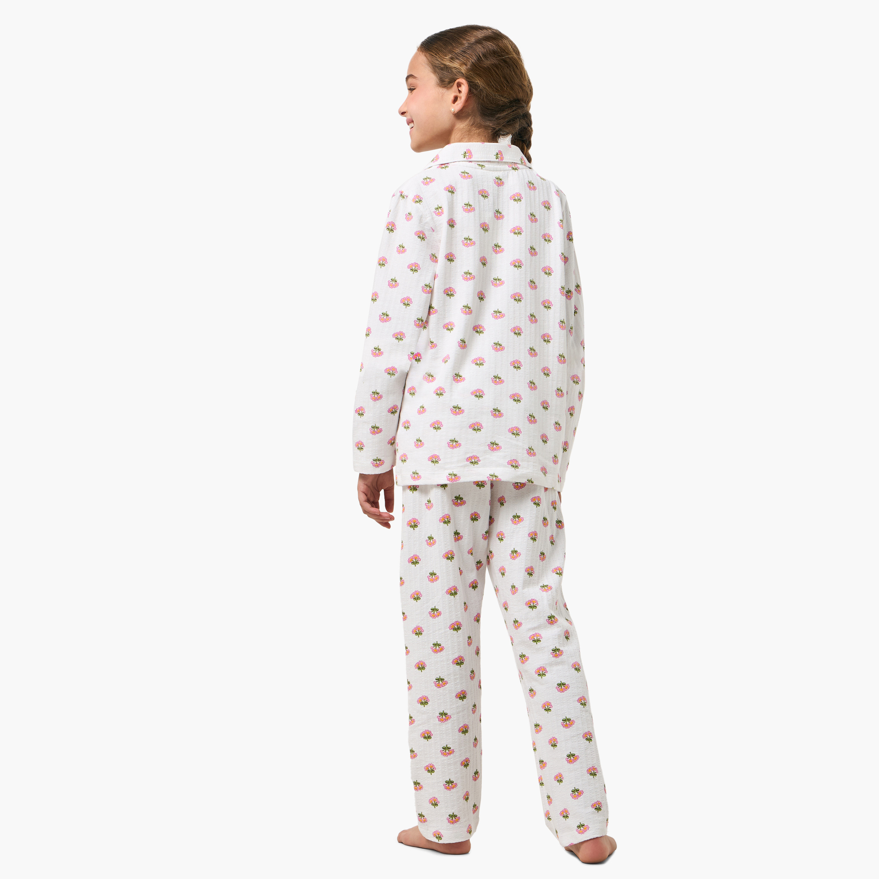 Juniors Cotton Collared Long Sleeves Pyjama Set with Floral Print-girls-clothing-nightwear-image-4