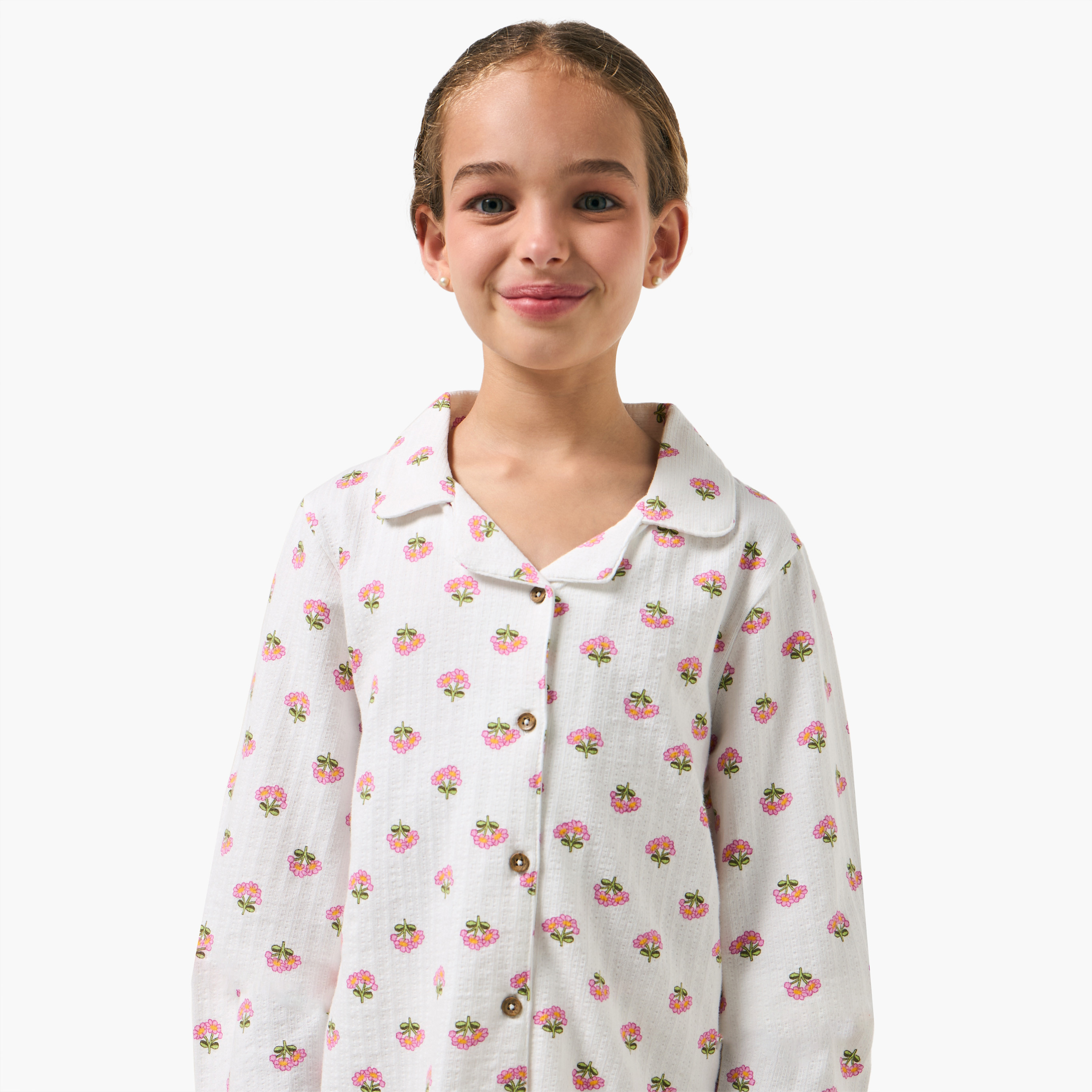 Juniors Cotton Collared Long Sleeves Pyjama Set with Floral Print-girls-clothing-nightwear-image-5