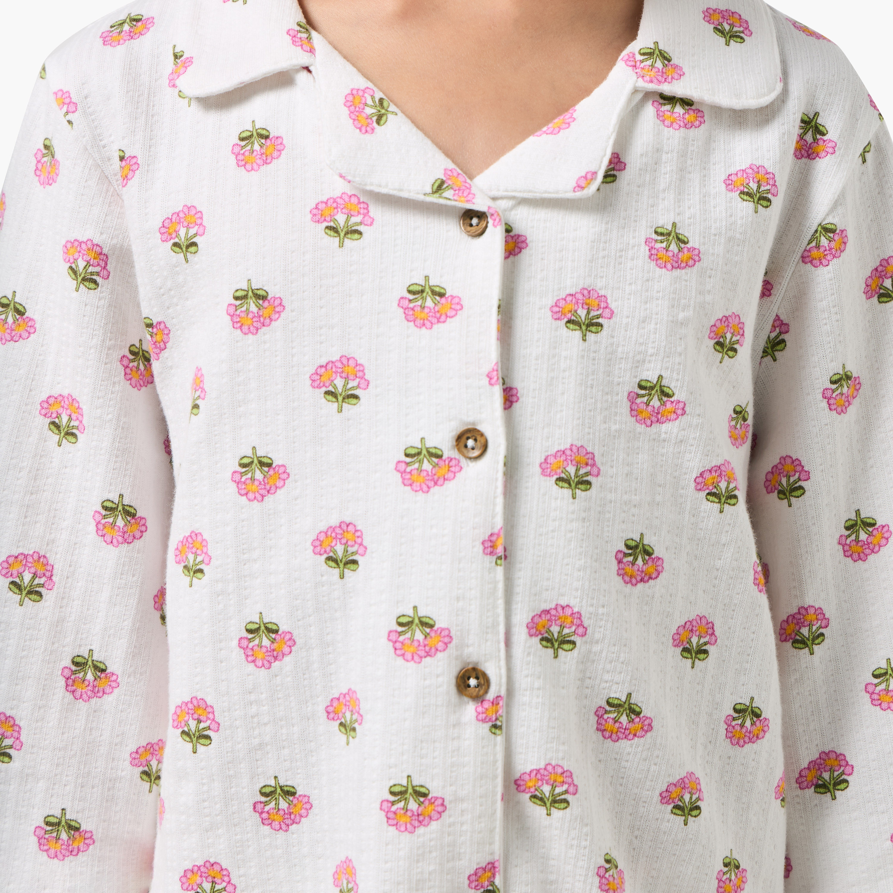 Juniors Cotton Collared Long Sleeves Pyjama Set with Floral Print-girls-clothing-nightwear-image-6