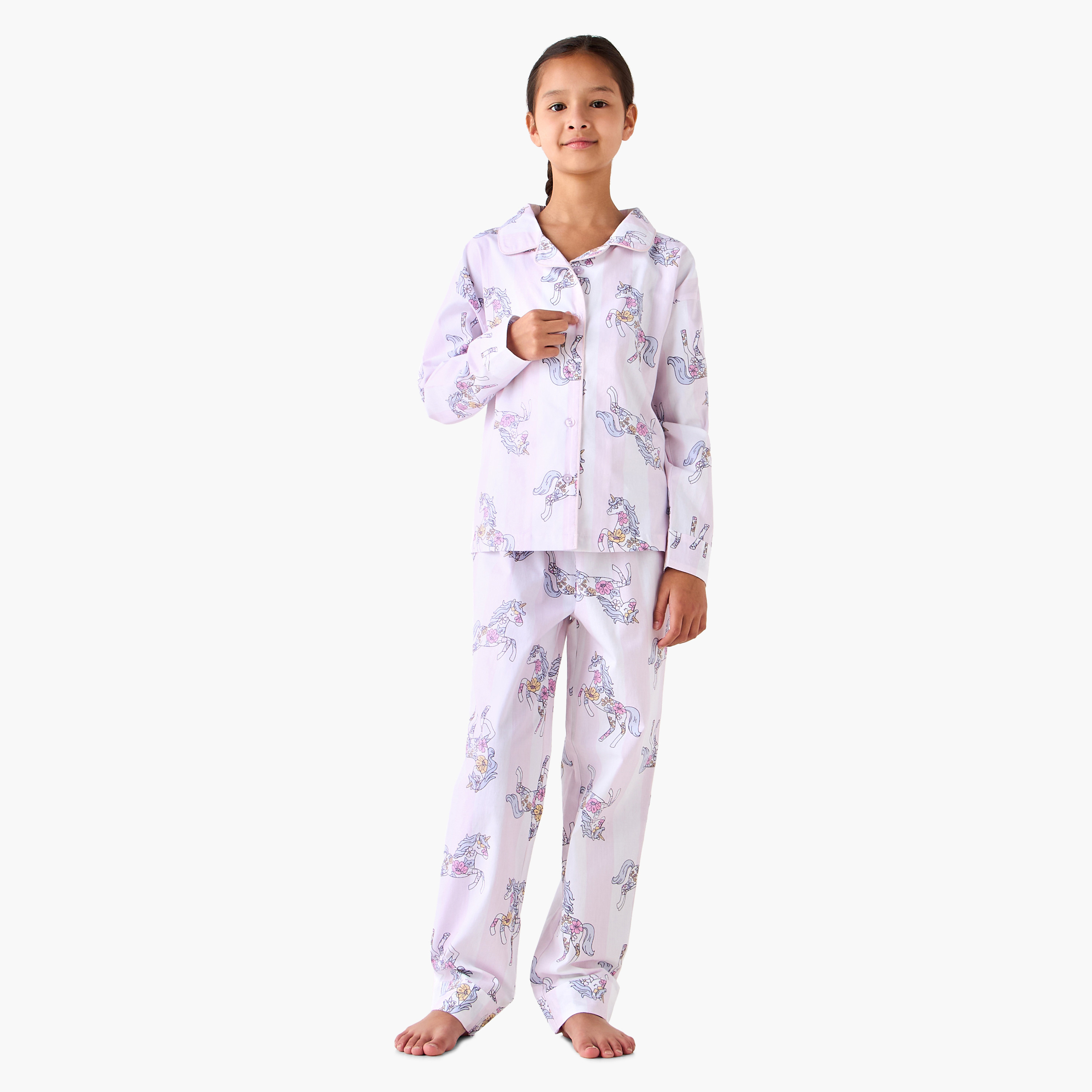 Juniors Cotton Collared Long Sleeves Pyjama Set with Unicorn Print-girls-clothing-nightwear-image-1