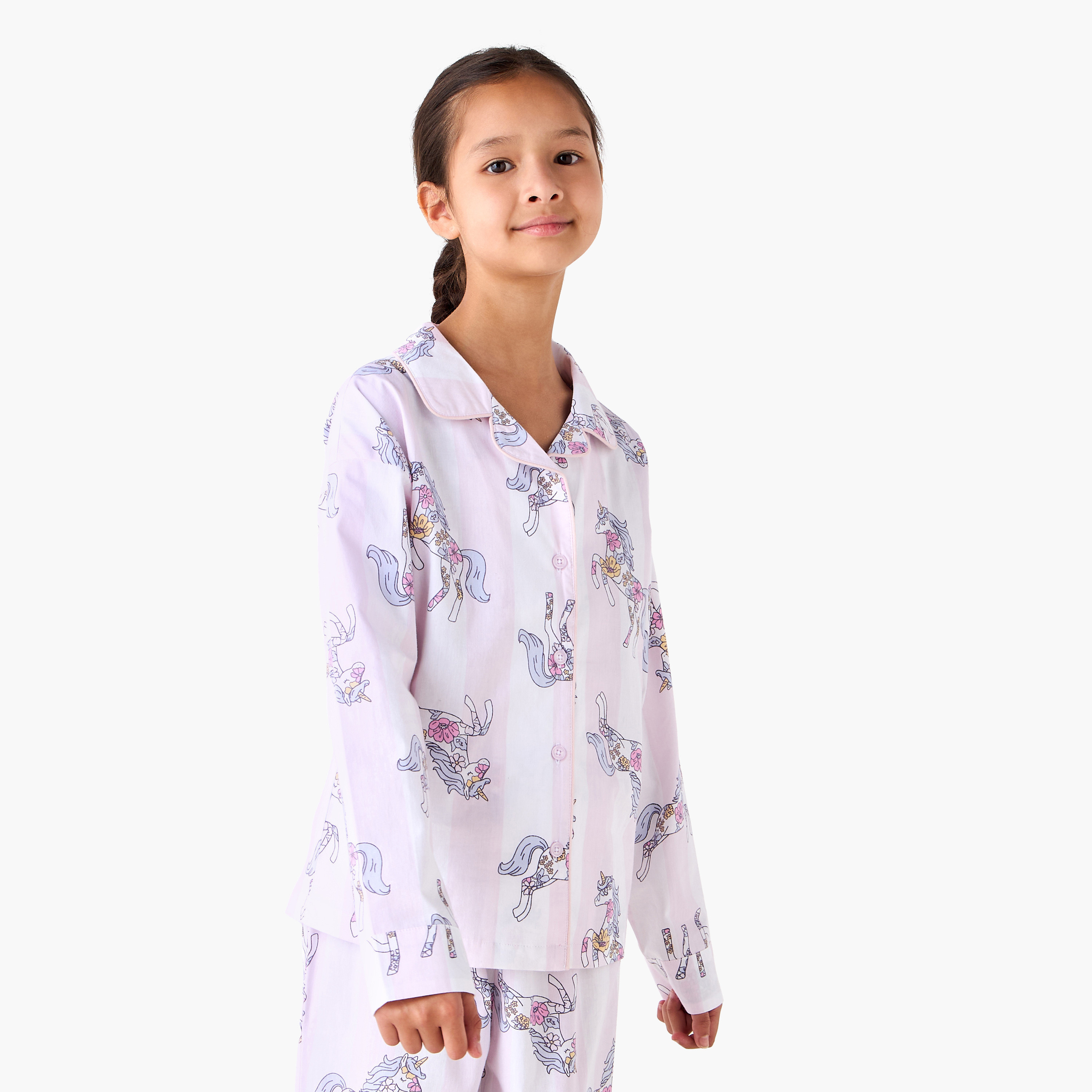 Juniors Cotton Collared Long Sleeves Pyjama Set with Unicorn Print-girls-clothing-nightwear-image-2