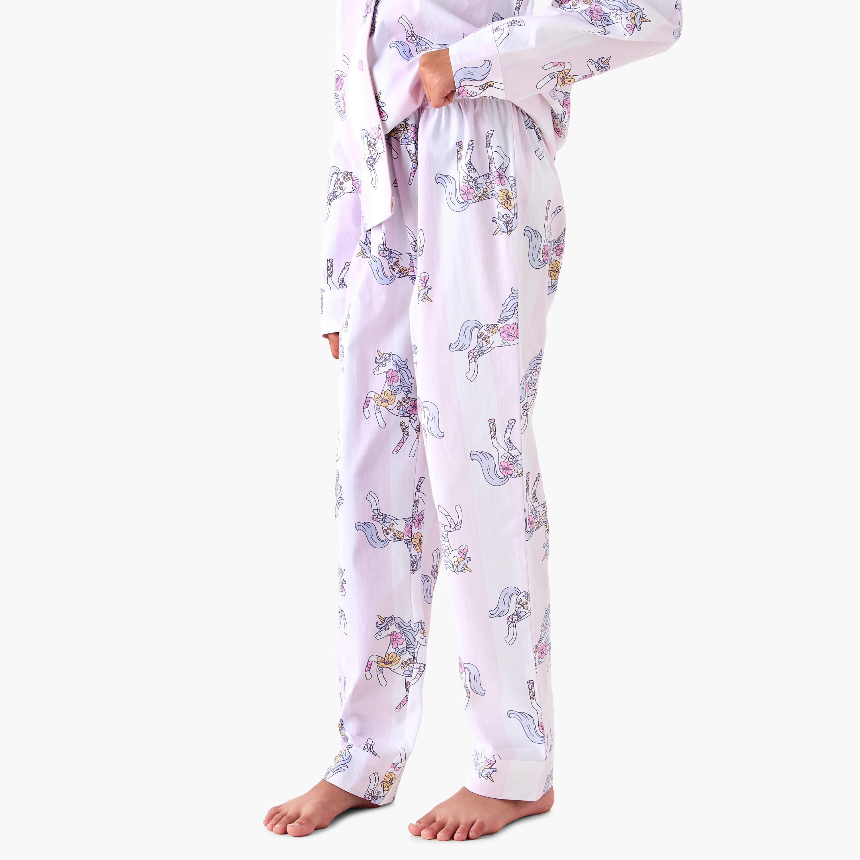 Juniors Cotton Collared Long Sleeves Pyjama Set with Unicorn Print-girls-clothing-nightwear-image-3