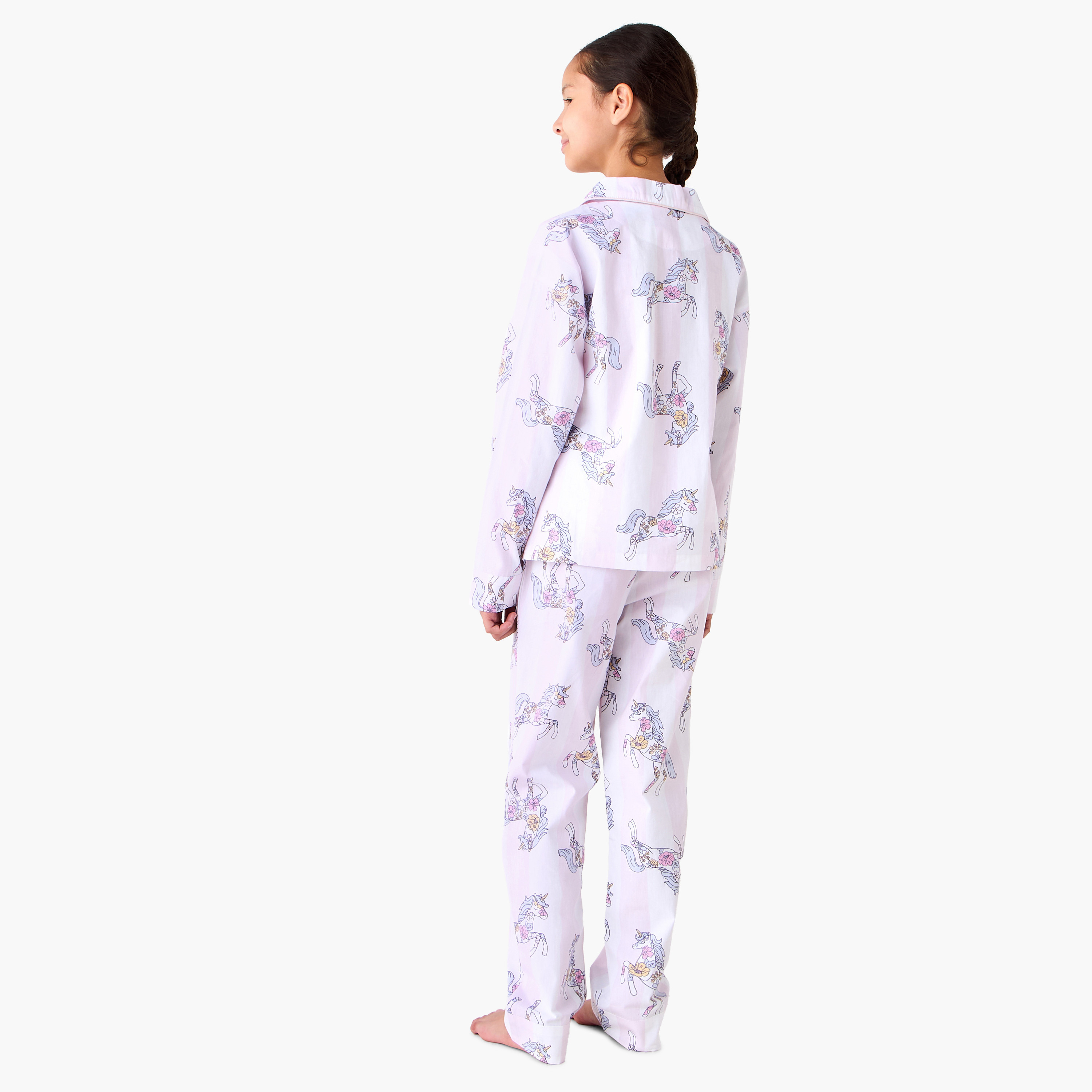Juniors Cotton Collared Long Sleeves Pyjama Set with Unicorn Print-girls-clothing-nightwear-image-4