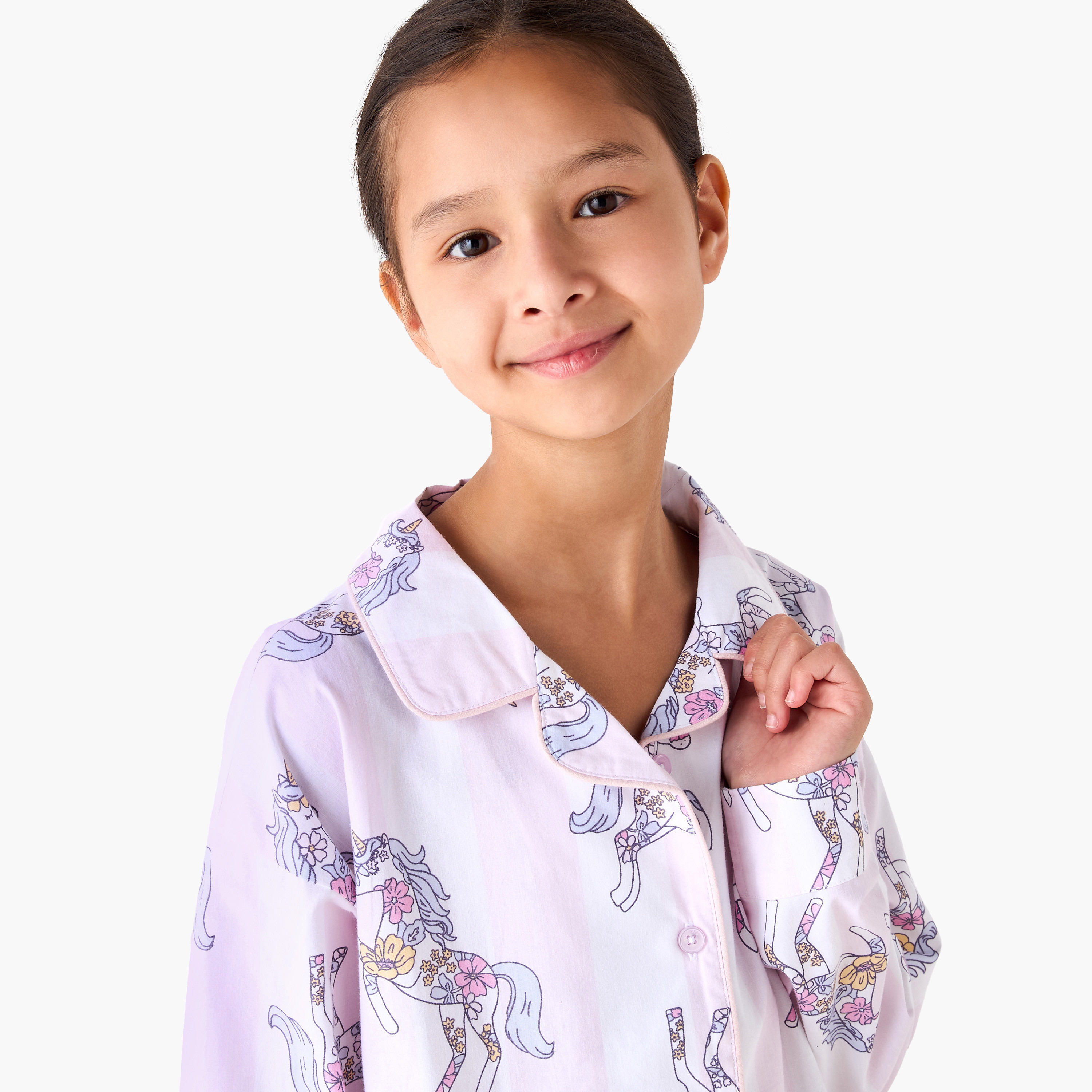 Juniors Cotton Collared Long Sleeves Pyjama Set with Unicorn Print-girls-clothing-nightwear-image-5