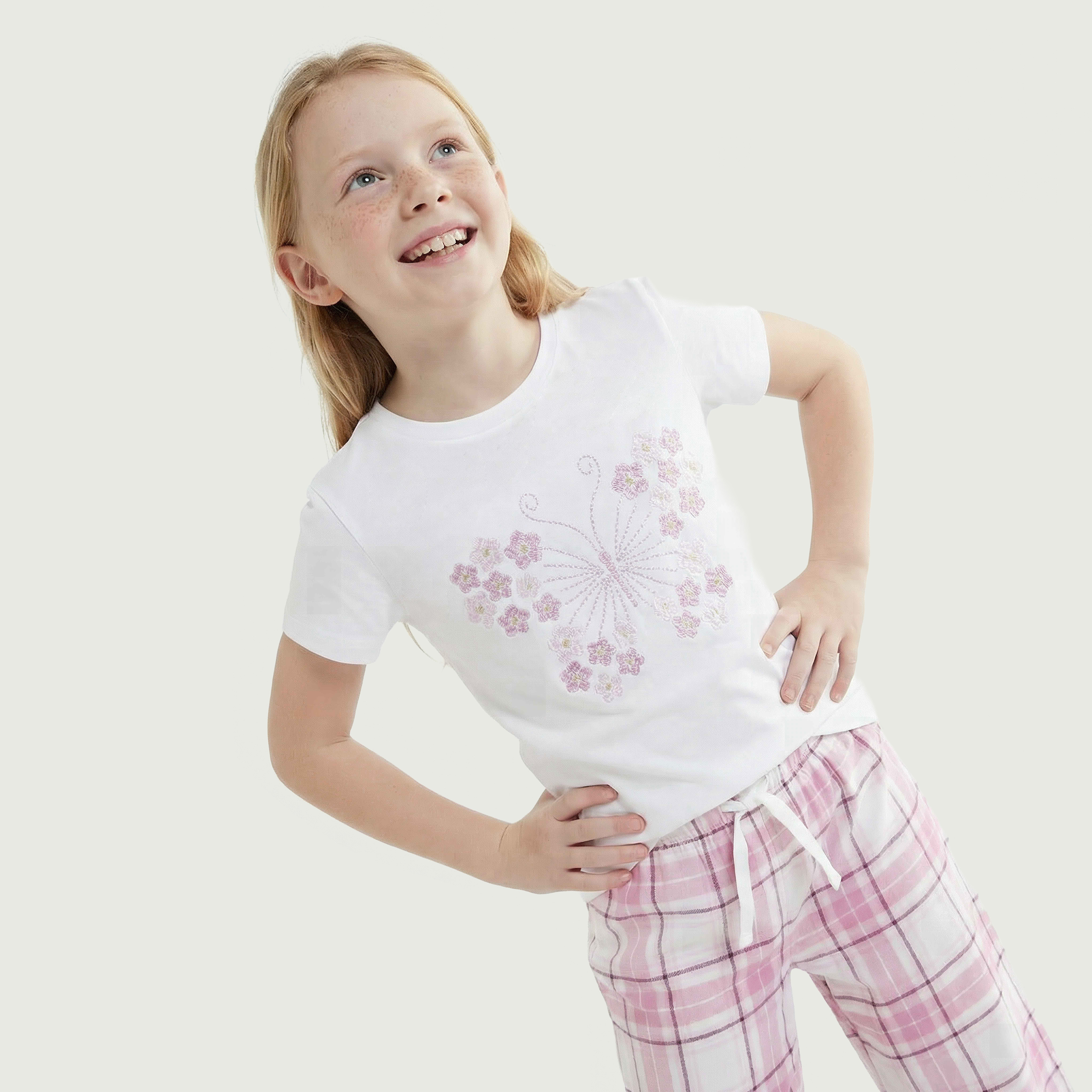 Juniors Cotton Crew Neck Short Sleeves Pyjama Set with Checked Design-girls-clothing-nightwear-image-2