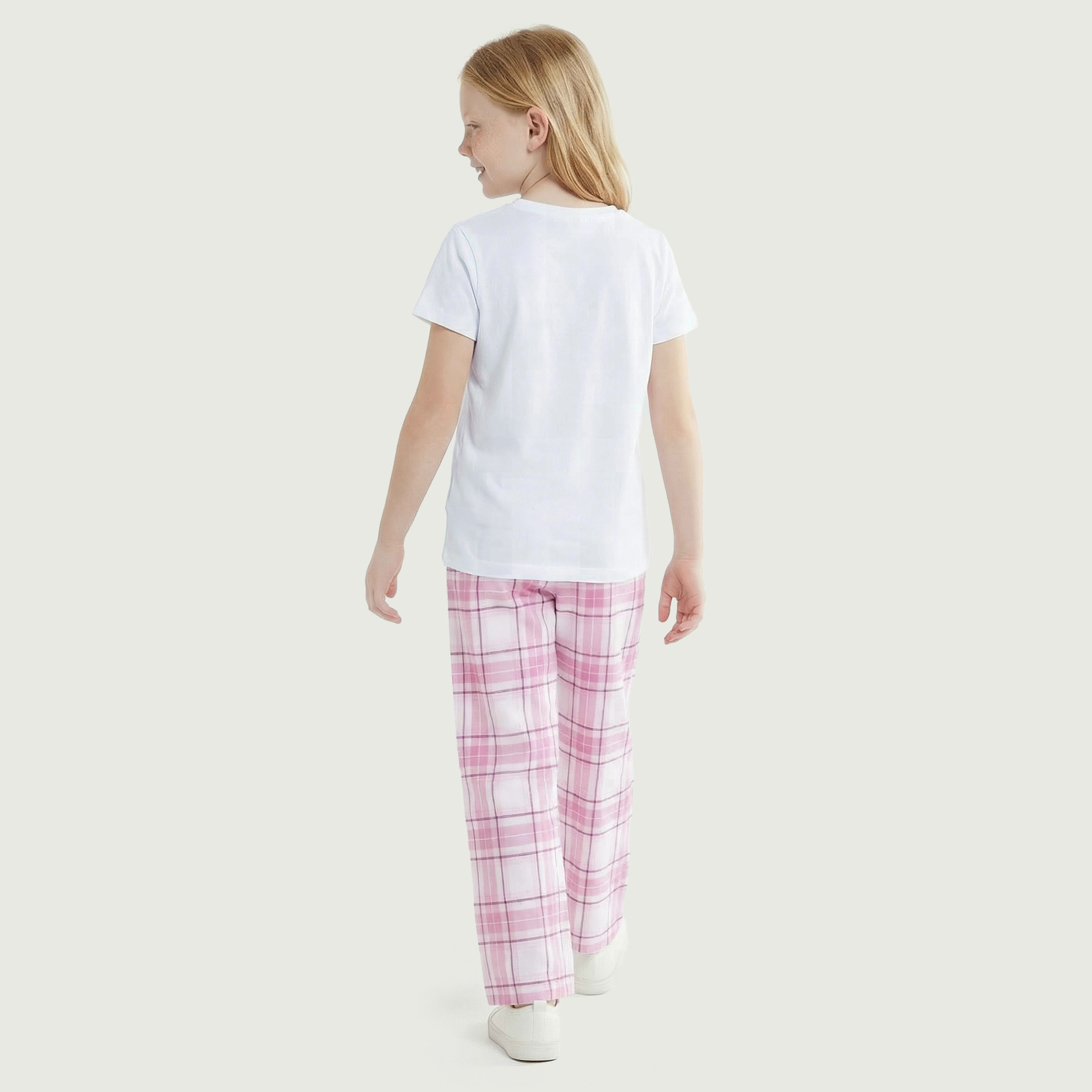Juniors Cotton Crew Neck Short Sleeves Pyjama Set with Checked Design-girls-clothing-nightwear-image-3