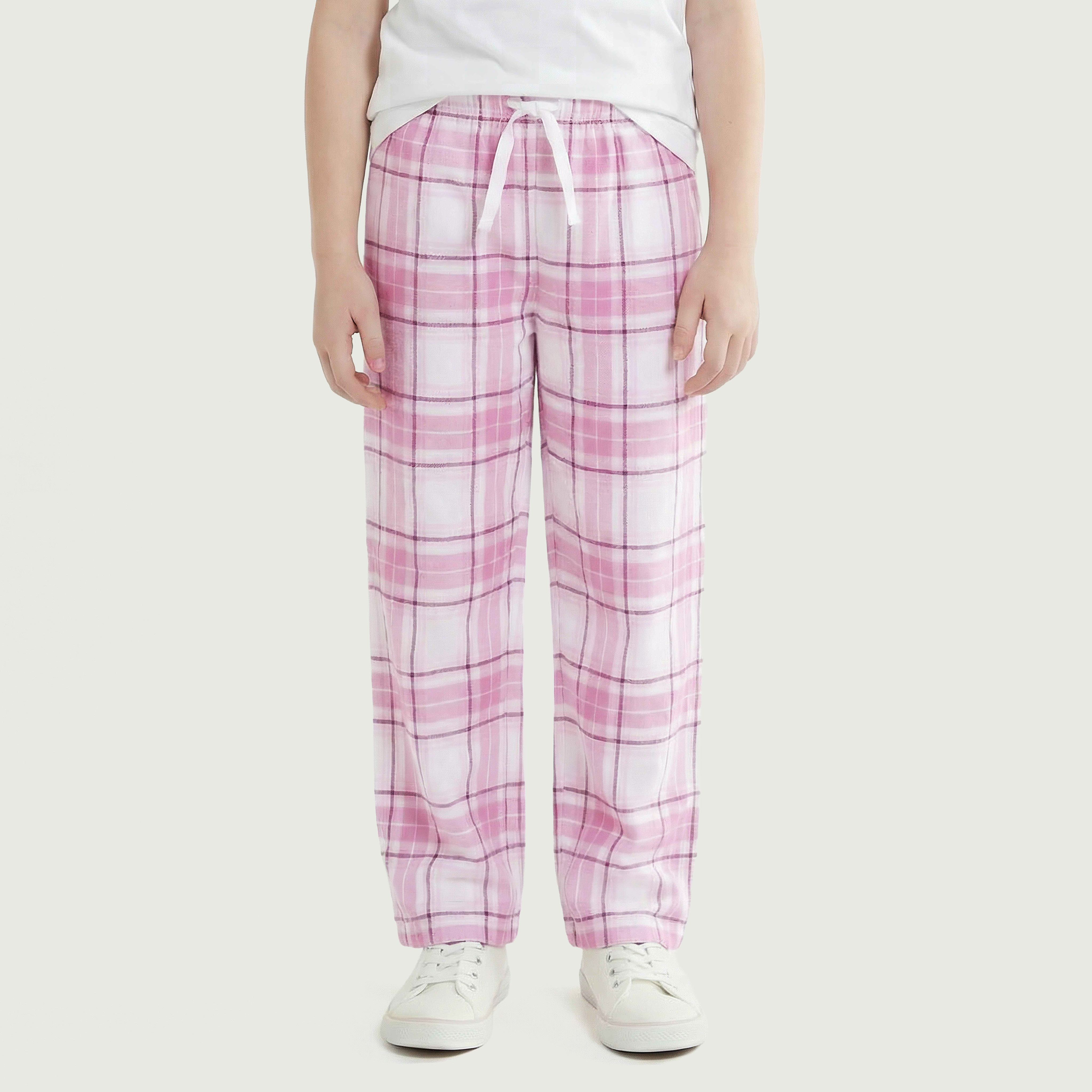 Juniors Cotton Crew Neck Short Sleeves Pyjama Set with Checked Design-girls-clothing-nightwear-image-4