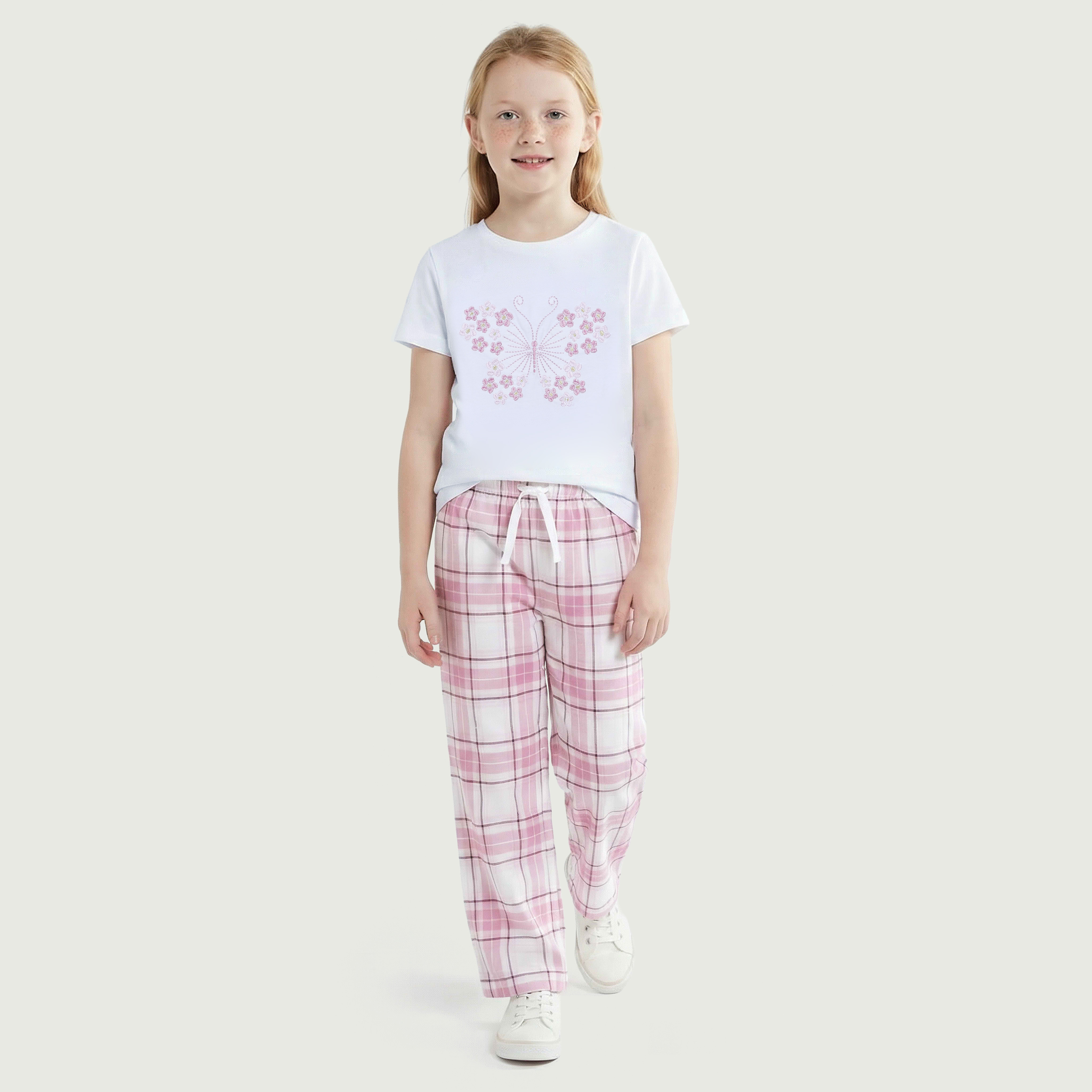 Juniors Cotton Crew Neck Short Sleeves Pyjama Set with Checked Design-girls-clothing-nightwear-image-7