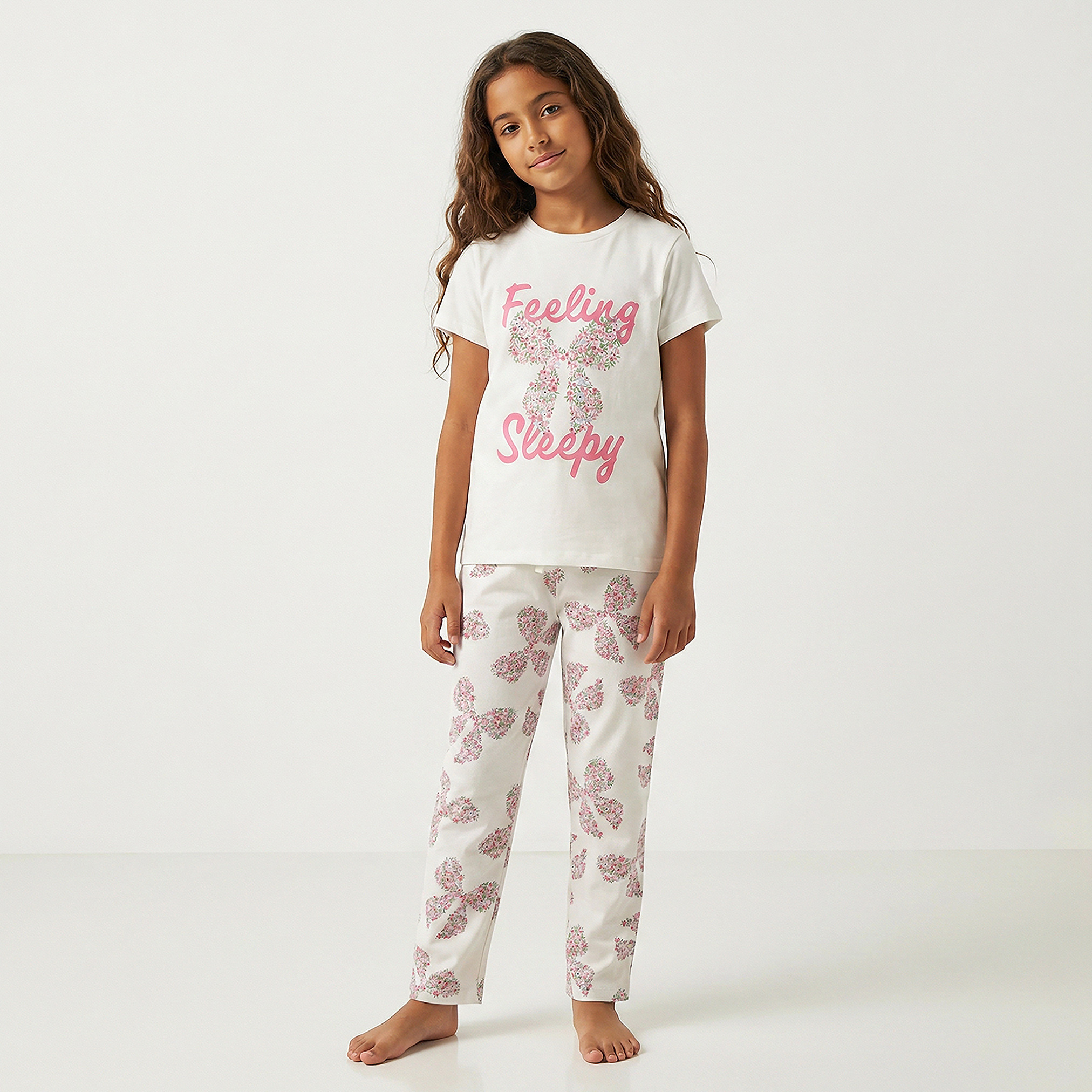 Juniors Cotton Crew Neck Short Sleeve Pyjama Set with Bow Print-girls-clothing-nightwear-image-1