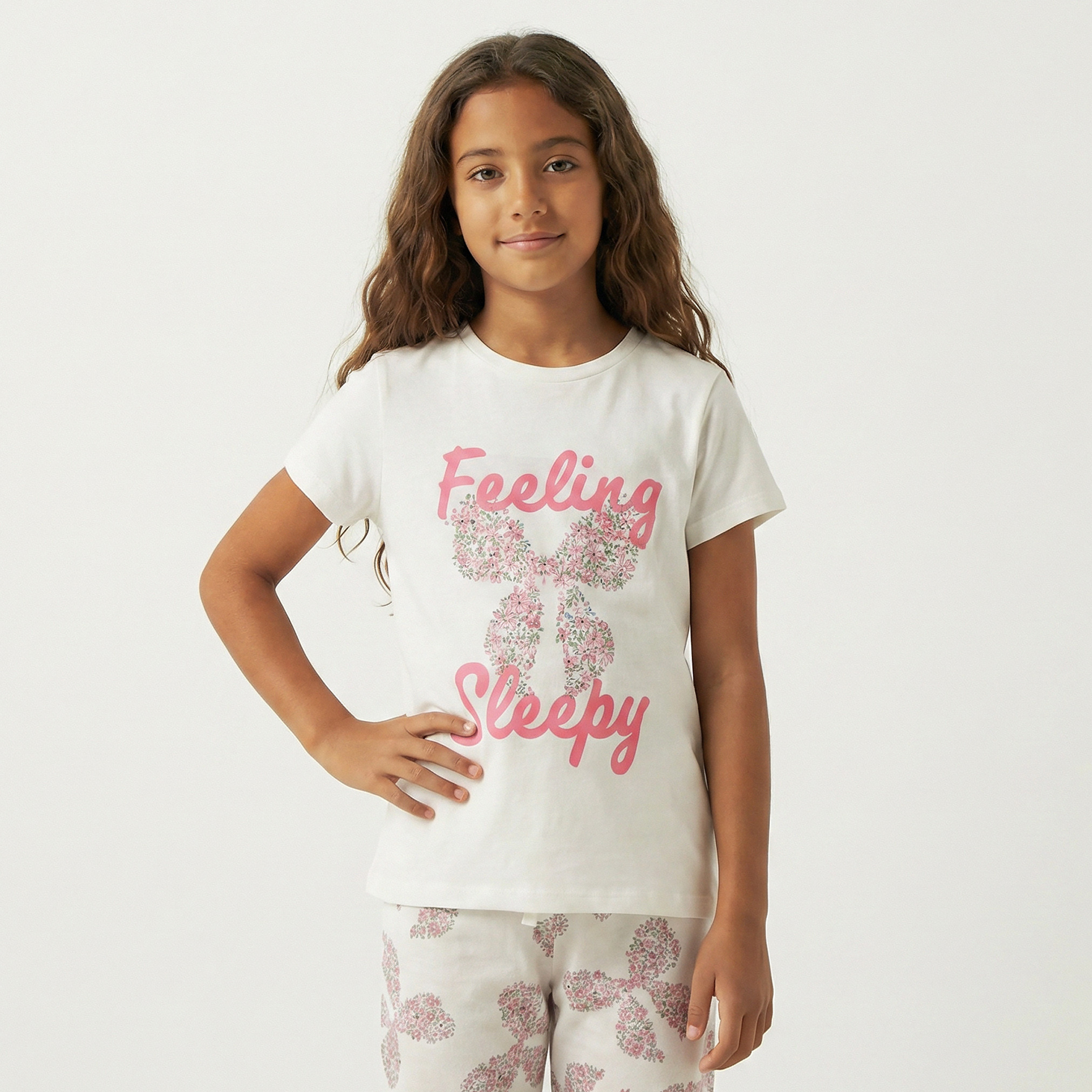 Juniors Cotton Crew Neck Short Sleeve Pyjama Set with Bow Print-girls-clothing-nightwear-image-2