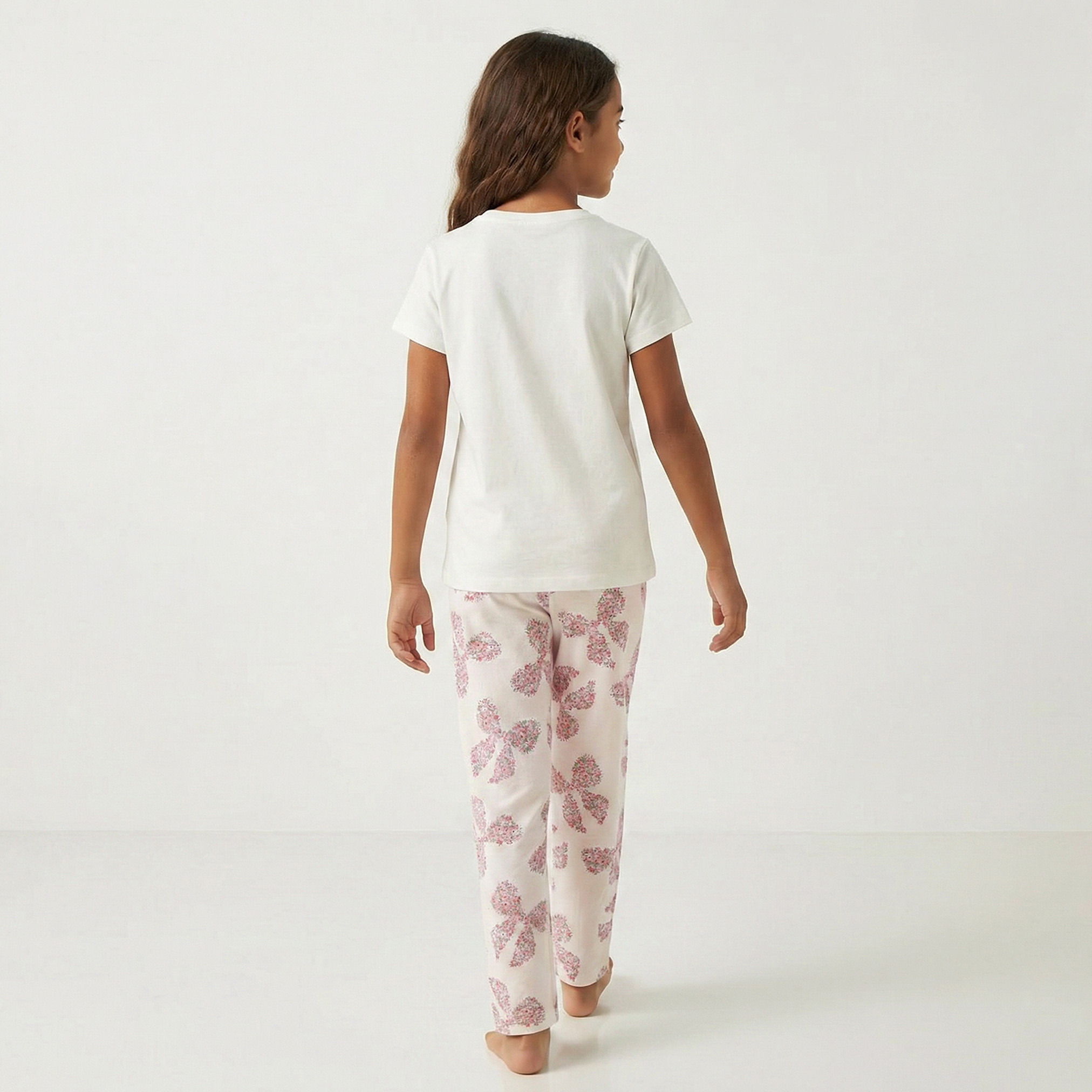 Juniors Cotton Crew Neck Short Sleeve Pyjama Set with Bow Print-girls-clothing-nightwear-image-3