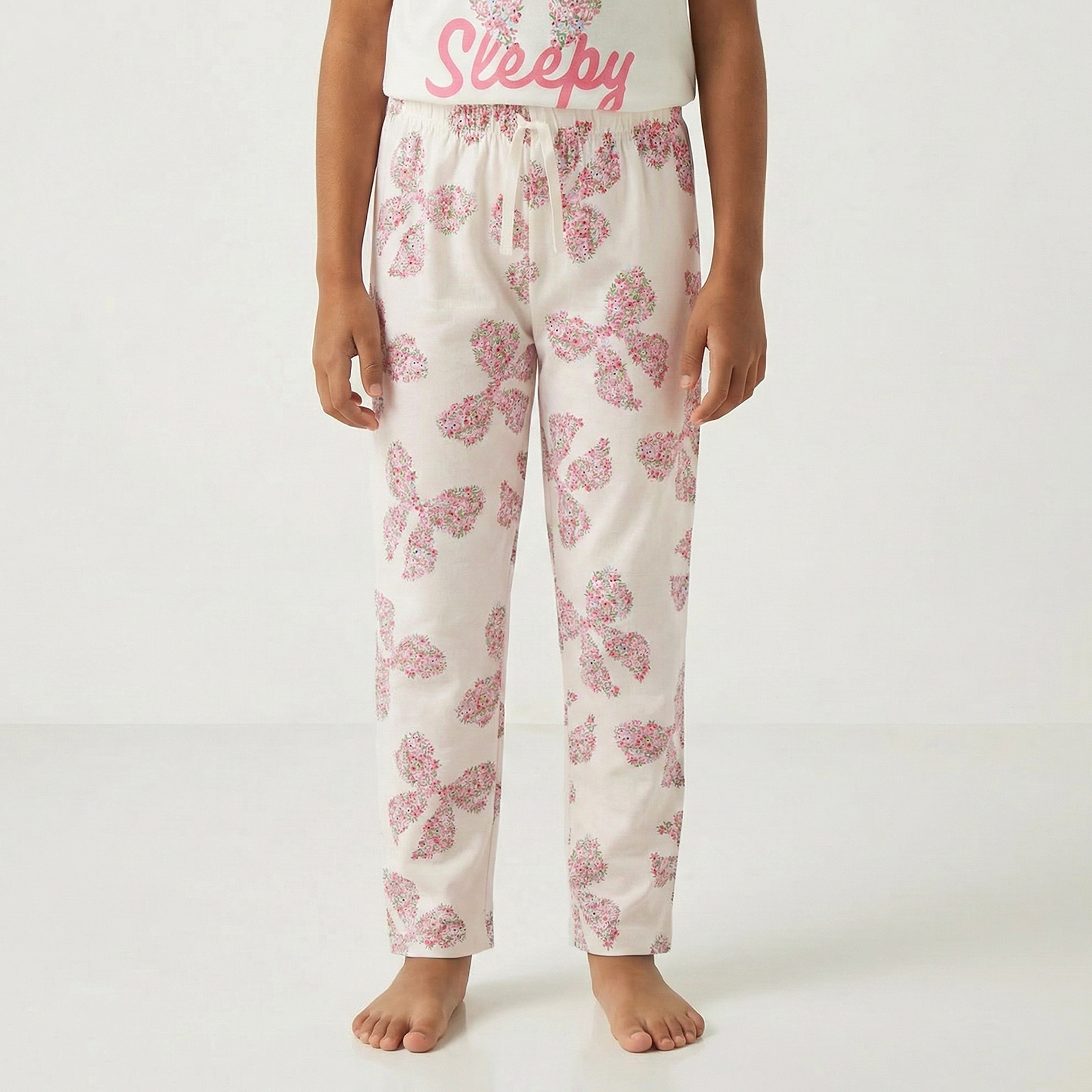 Juniors Cotton Crew Neck Short Sleeve Pyjama Set with Bow Print-girls-clothing-nightwear-image-4