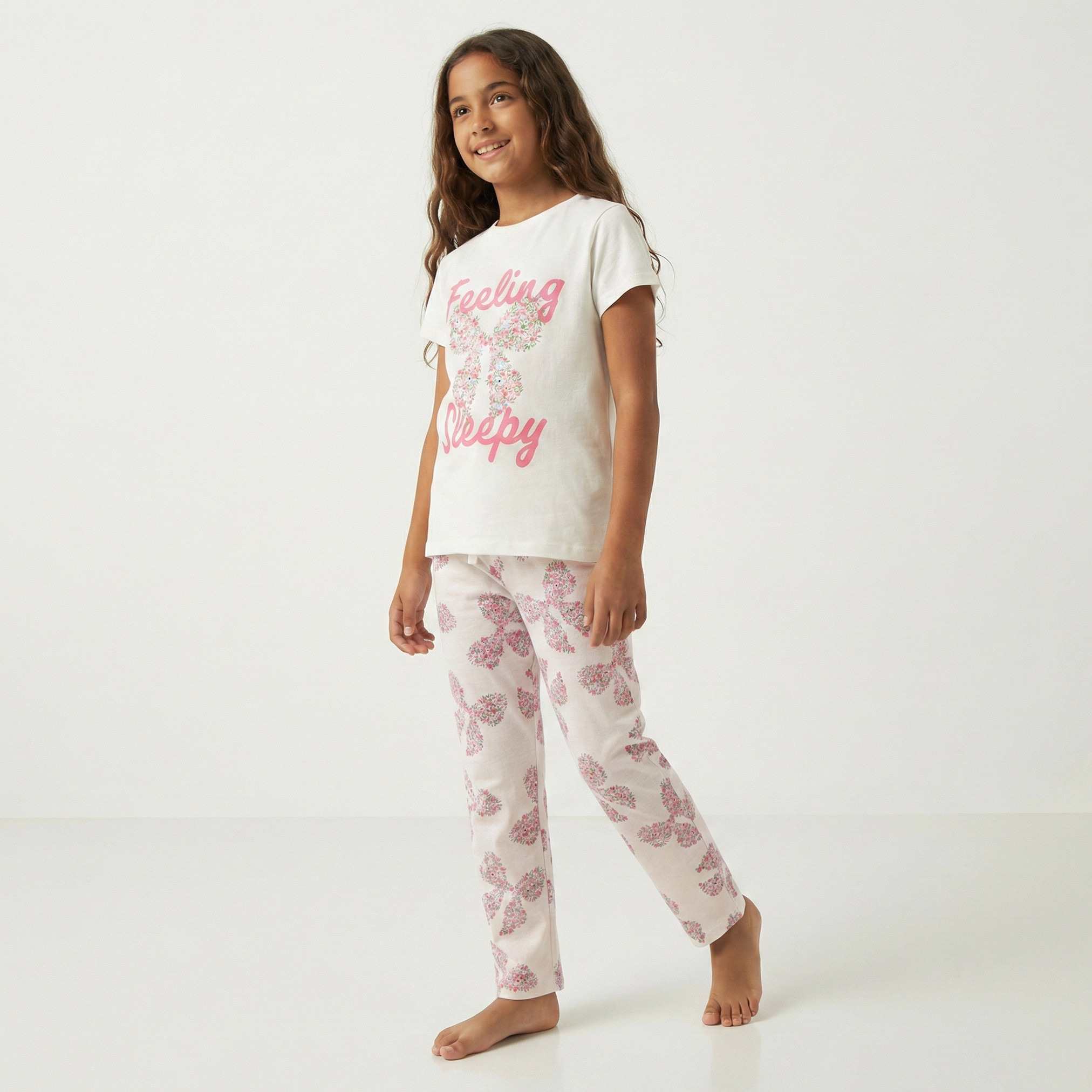 Juniors Cotton Crew Neck Short Sleeve Pyjama Set with Bow Print-girls-clothing-nightwear-image-5