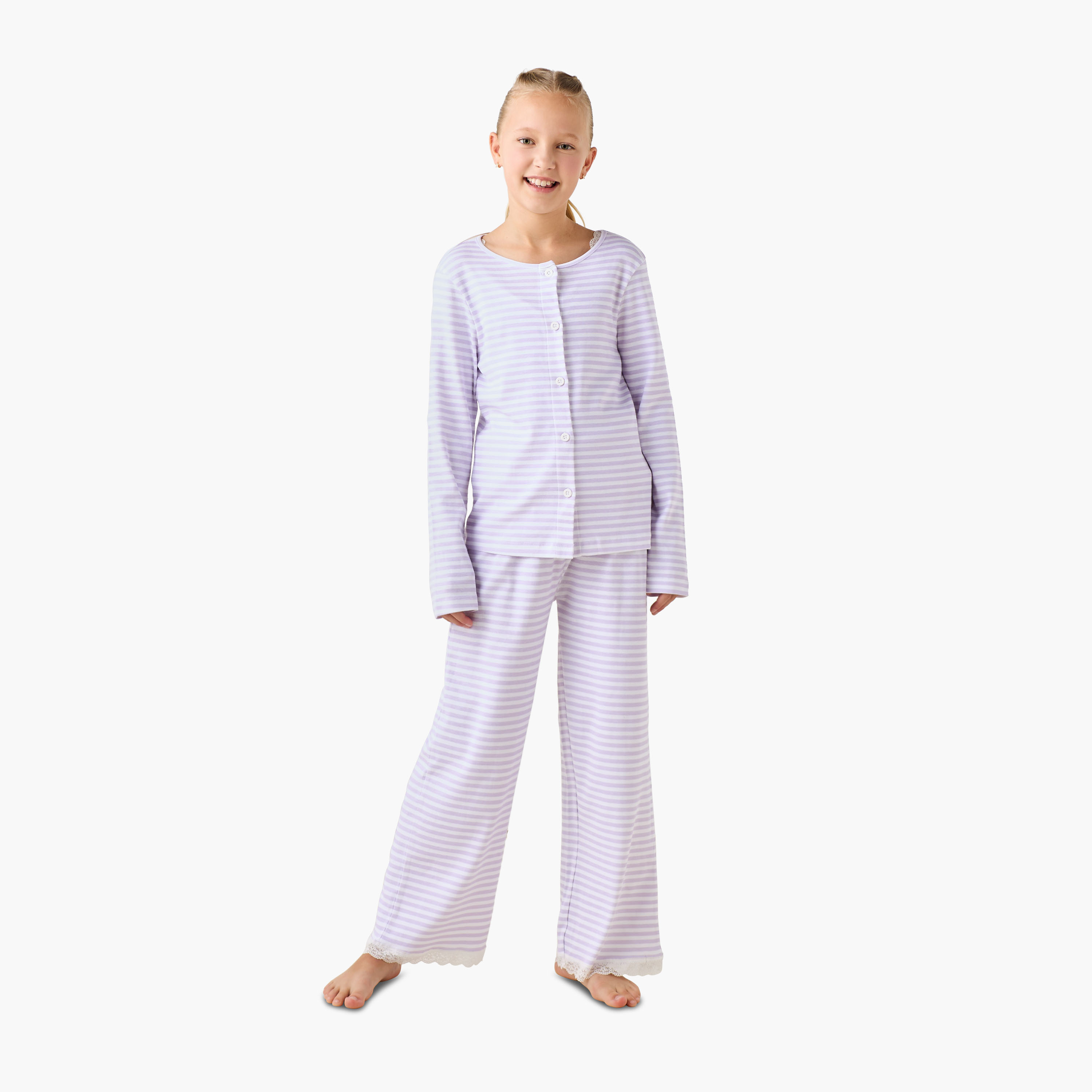 طقم من 3 - طقم بيجاما بياقة مستديرة وأكمام طويلة وتصميم مقلم من جونيورز-girls-clothing-nightwear-image-7
