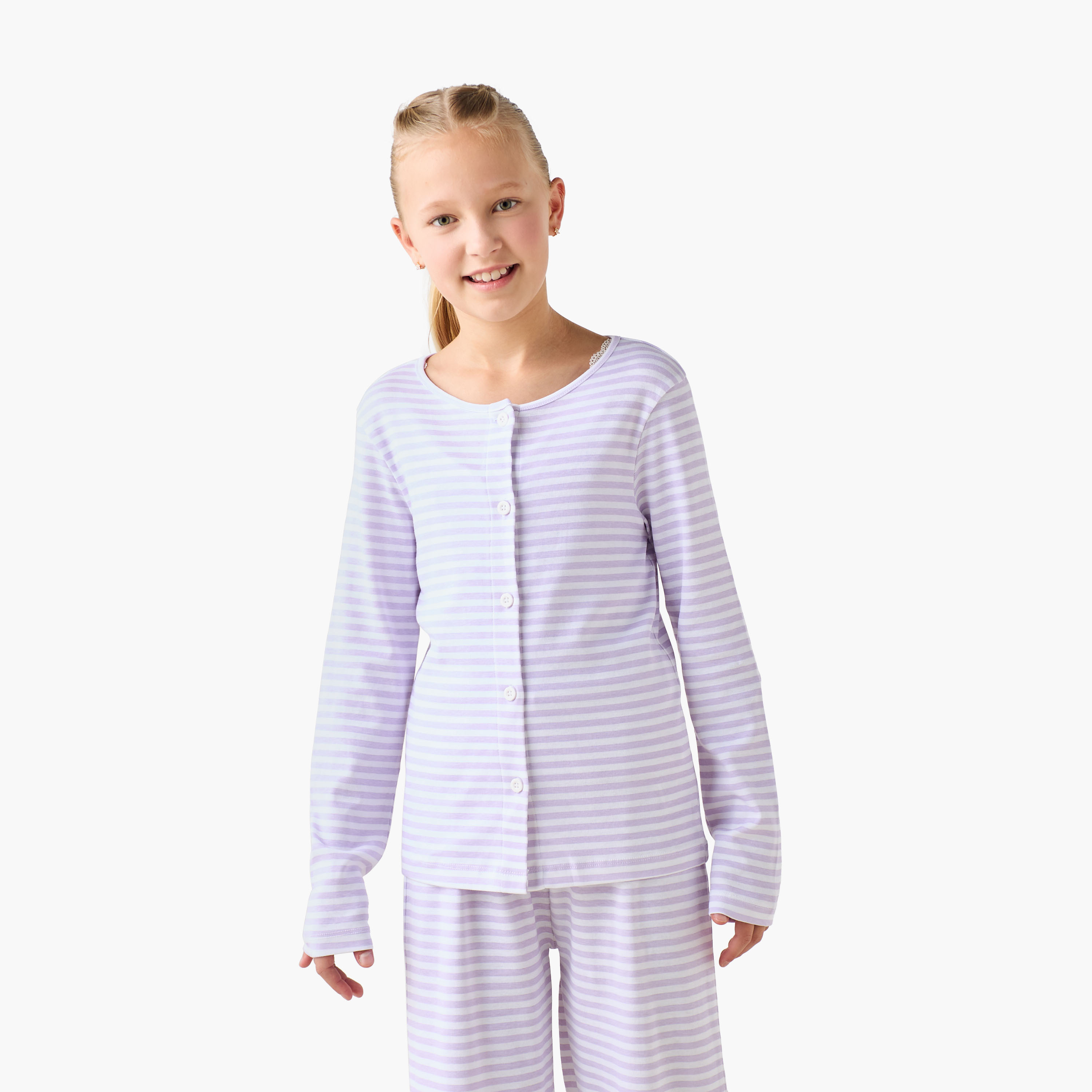 طقم من 3 - طقم بيجاما بياقة مستديرة وأكمام طويلة وتصميم مقلم من جونيورز-girls-clothing-nightwear-image-6