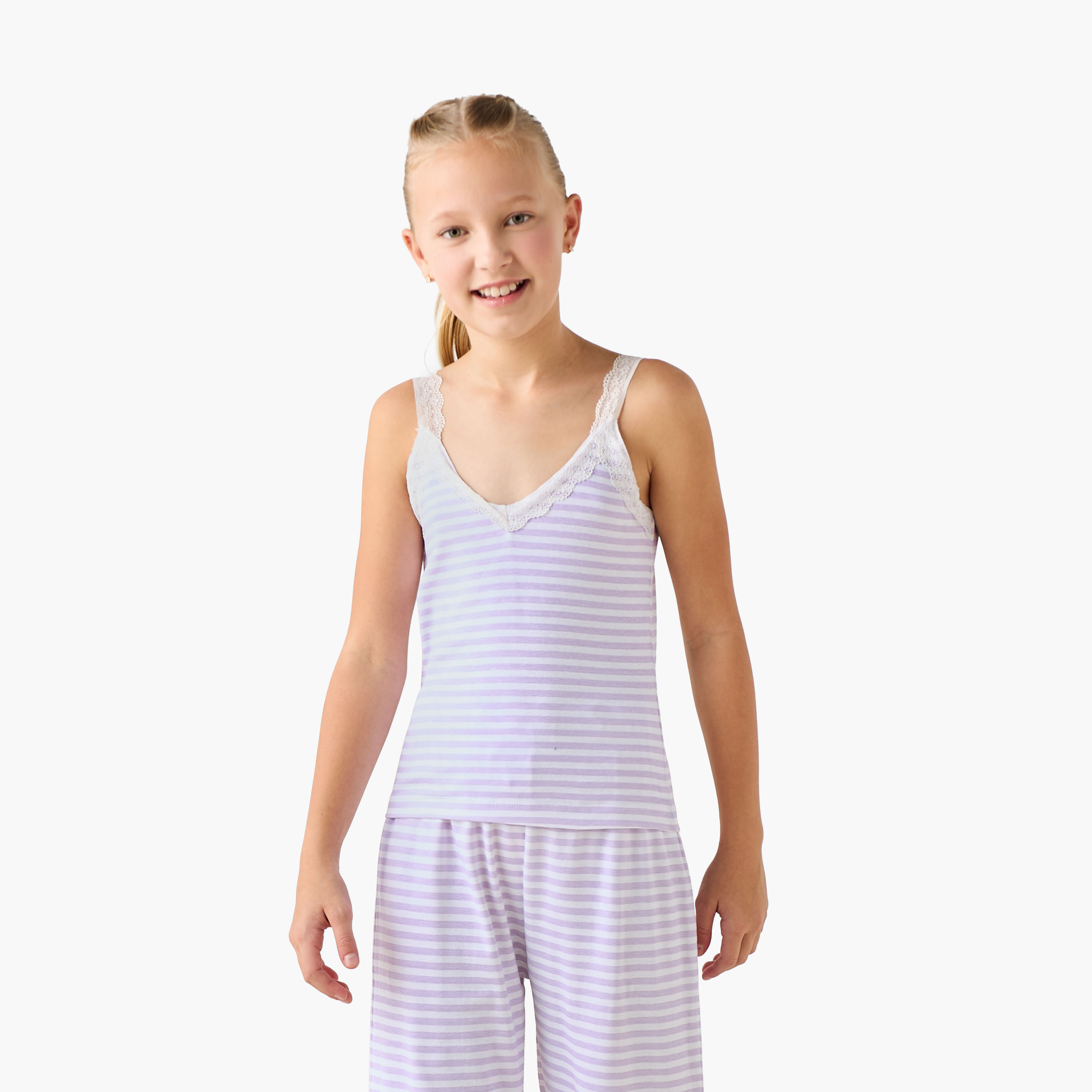 طقم من 3 - طقم بيجاما بياقة مستديرة وأكمام طويلة وتصميم مقلم من جونيورز-girls-clothing-nightwear-image-5