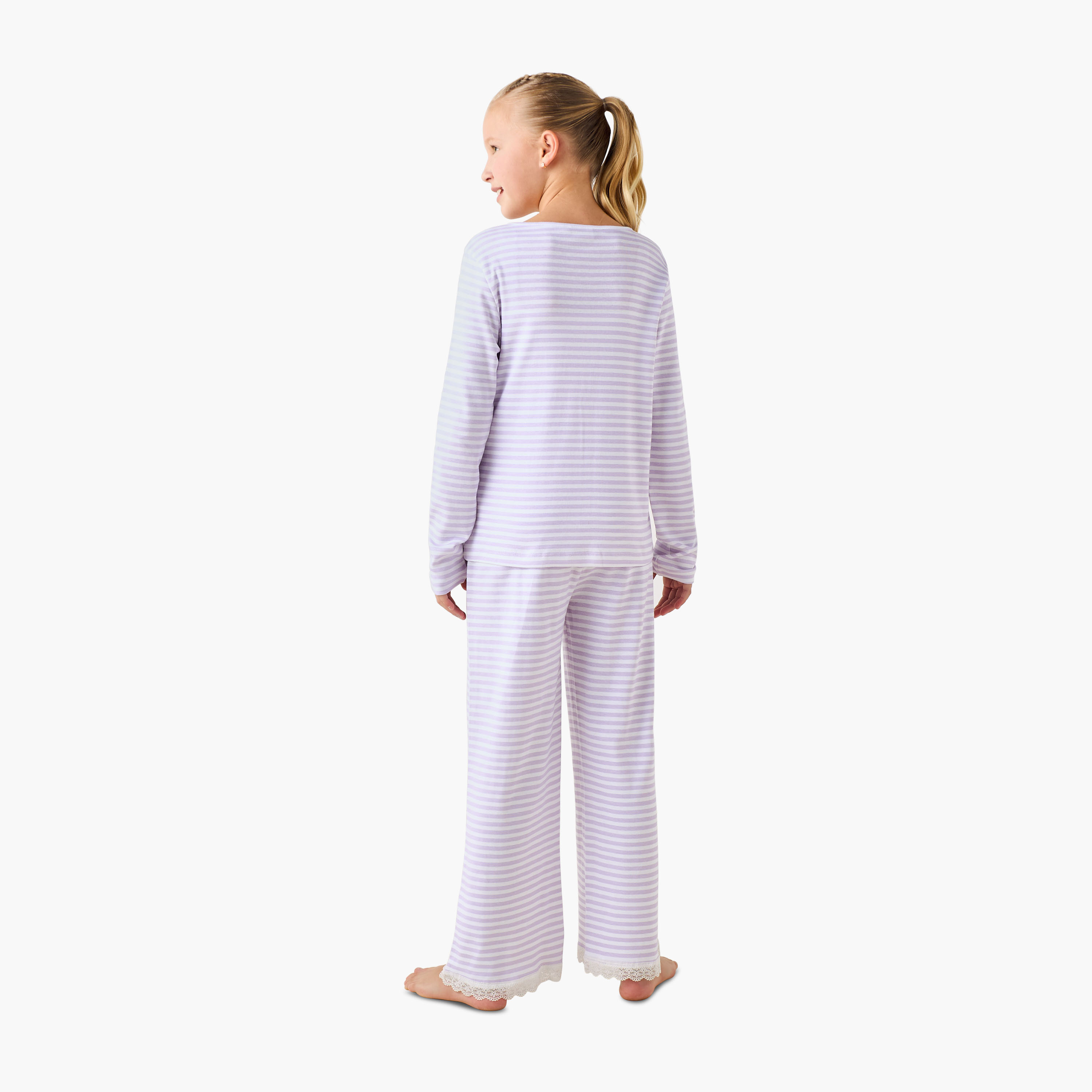 طقم من 3 - طقم بيجاما بياقة مستديرة وأكمام طويلة وتصميم مقلم من جونيورز-girls-clothing-nightwear-image-3