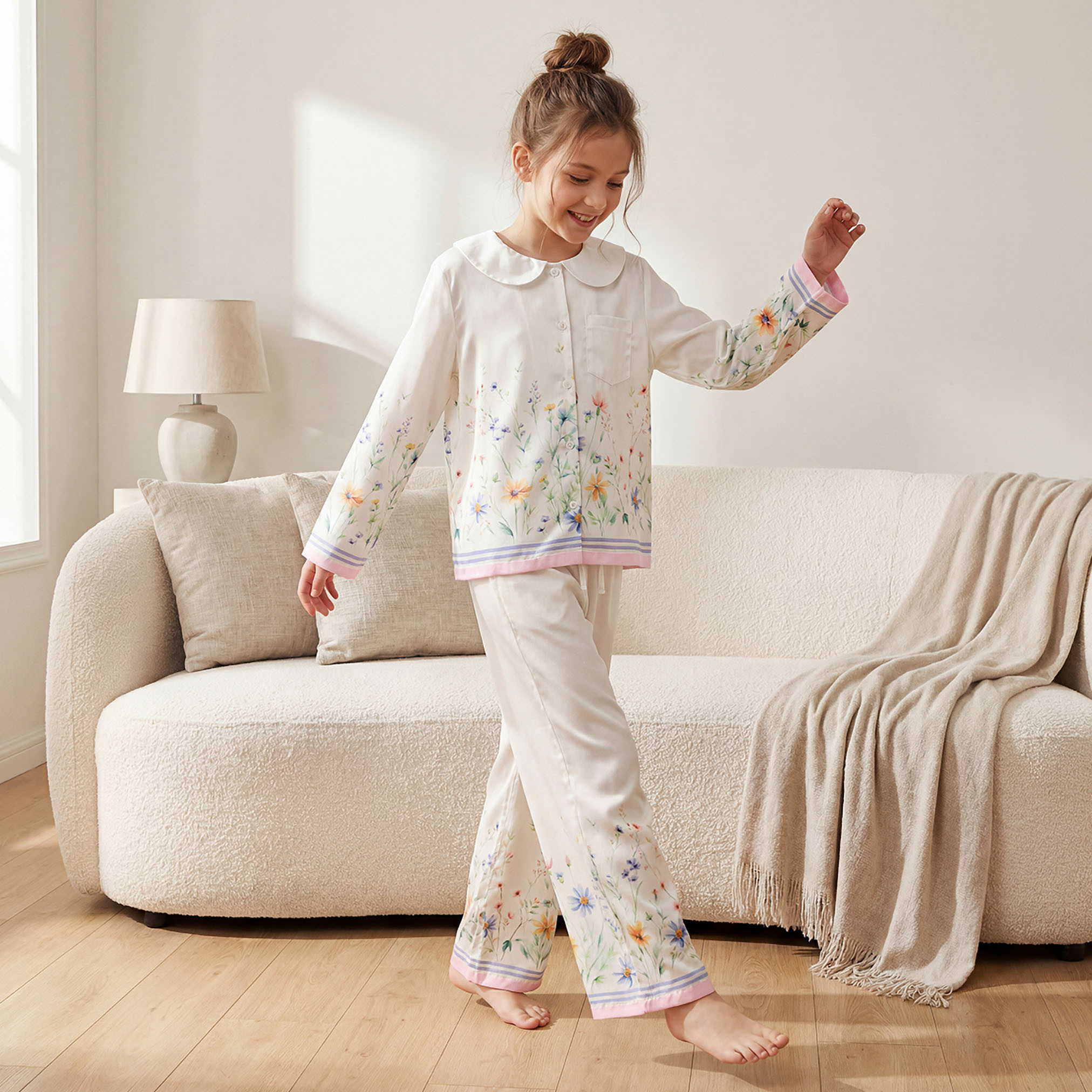 طقم بيجاما قطن بياقة بيتر بان وطبعات أزهار وأكمام طويلة من جونيورز-girls-clothing-nightwear-image-1