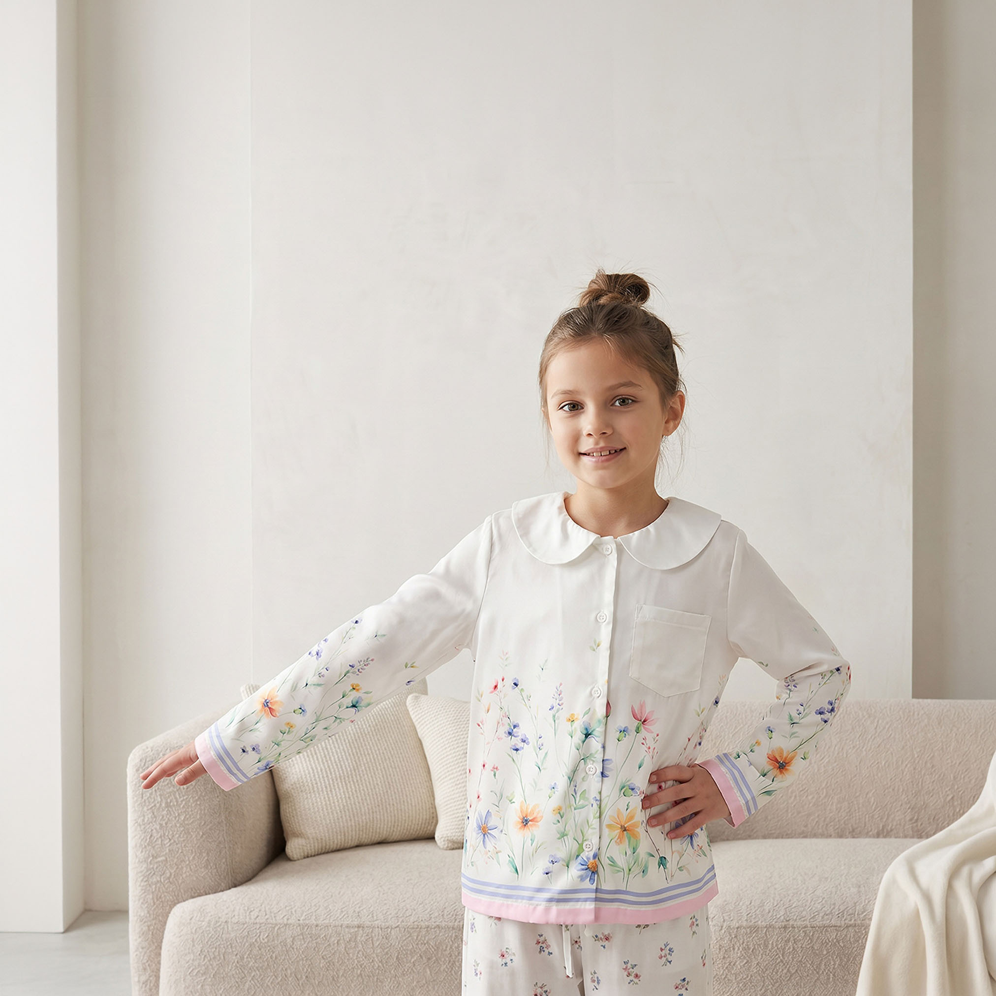 طقم بيجاما قطن بياقة بيتر بان وطبعات أزهار وأكمام طويلة من جونيورز-girls-clothing-nightwear-image-2