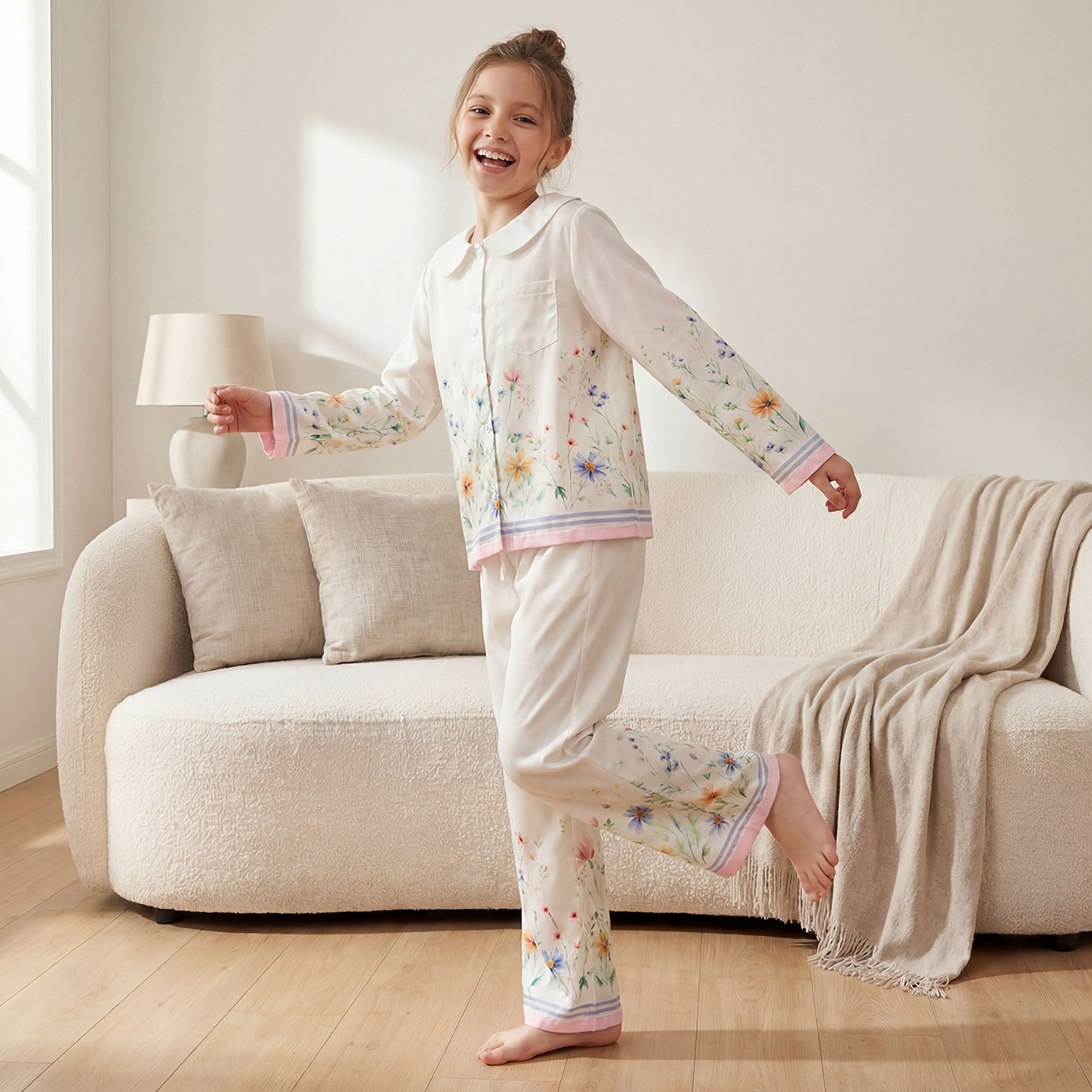 طقم بيجاما قطن بياقة بيتر بان وطبعات أزهار وأكمام طويلة من جونيورز-girls-clothing-nightwear-image-7