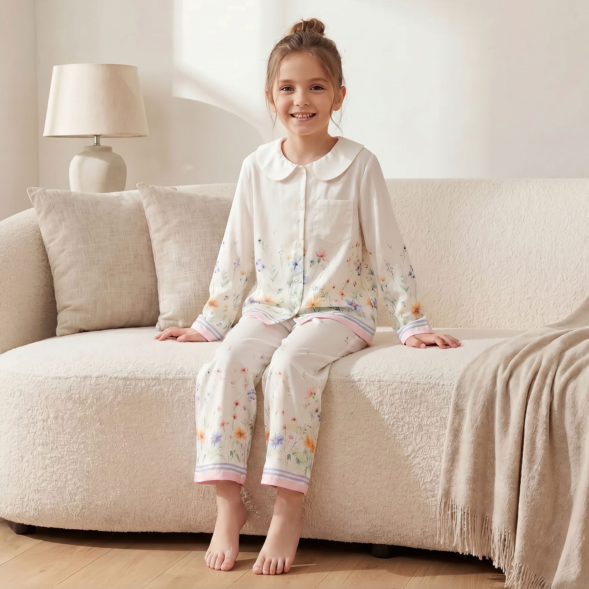 طقم بيجاما قطن بياقة بيتر بان وطبعات أزهار وأكمام طويلة من جونيورز-girls-clothing-nightwear-image-8