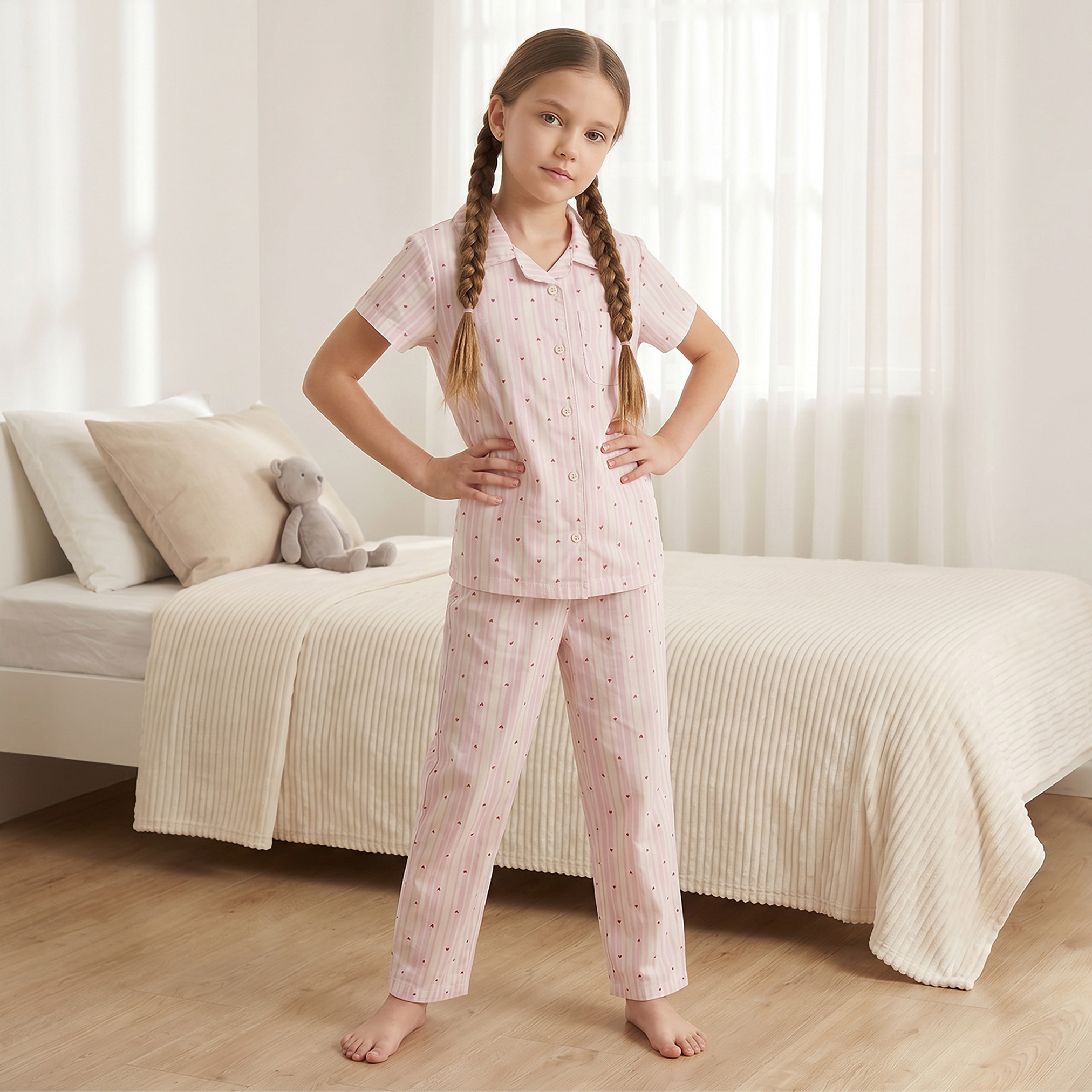 طقم بيجاما قطن بطبعات قلب وياقة عادية وأكمام قصيرة من جونيورز-girls-clothing-nightwear-image-1